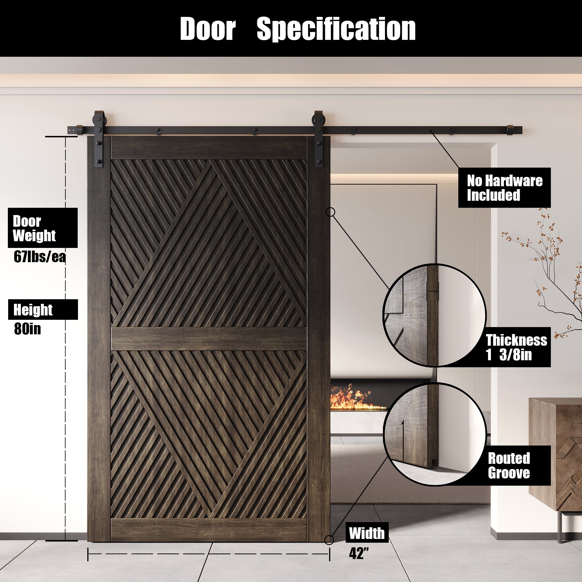 80" Height Ebony Diamond Design Unassembled & Finished Pine Wood Barn Door (Interior Use Only)