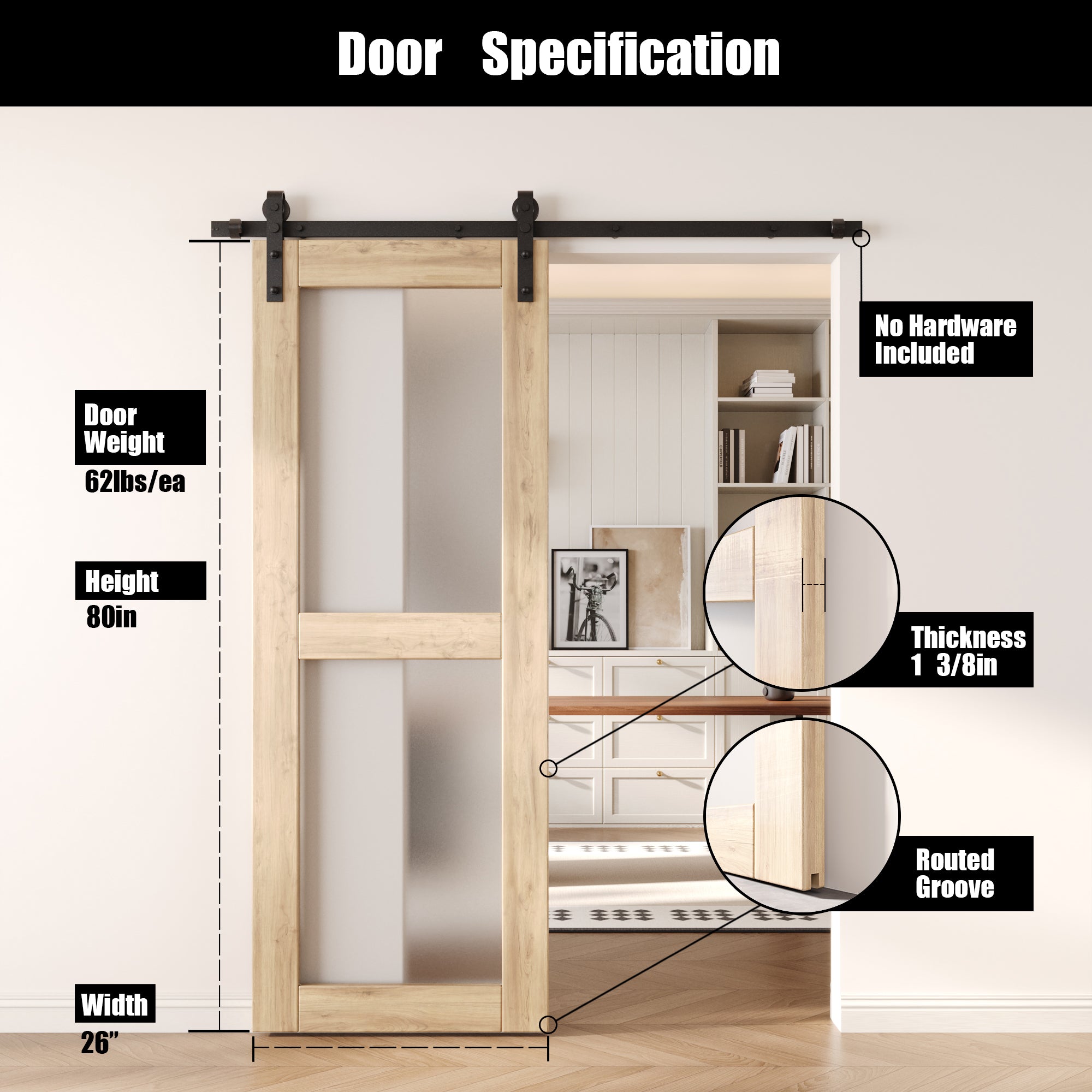 80" Height 2-Lite Frosted Glass Unassembled & Unfinished Pine Wood Barn Door (Interior Use Only)