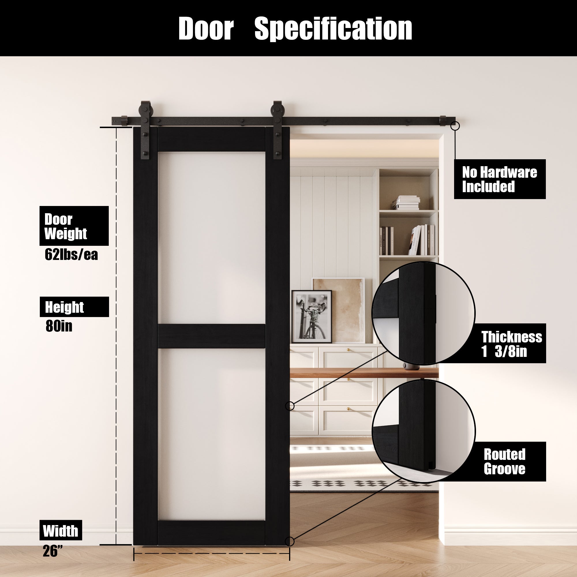 80" Height Black 2-Lite Frosted Glass Unassembled & Finished Pine Wood Barn Door (Interior Use Only)