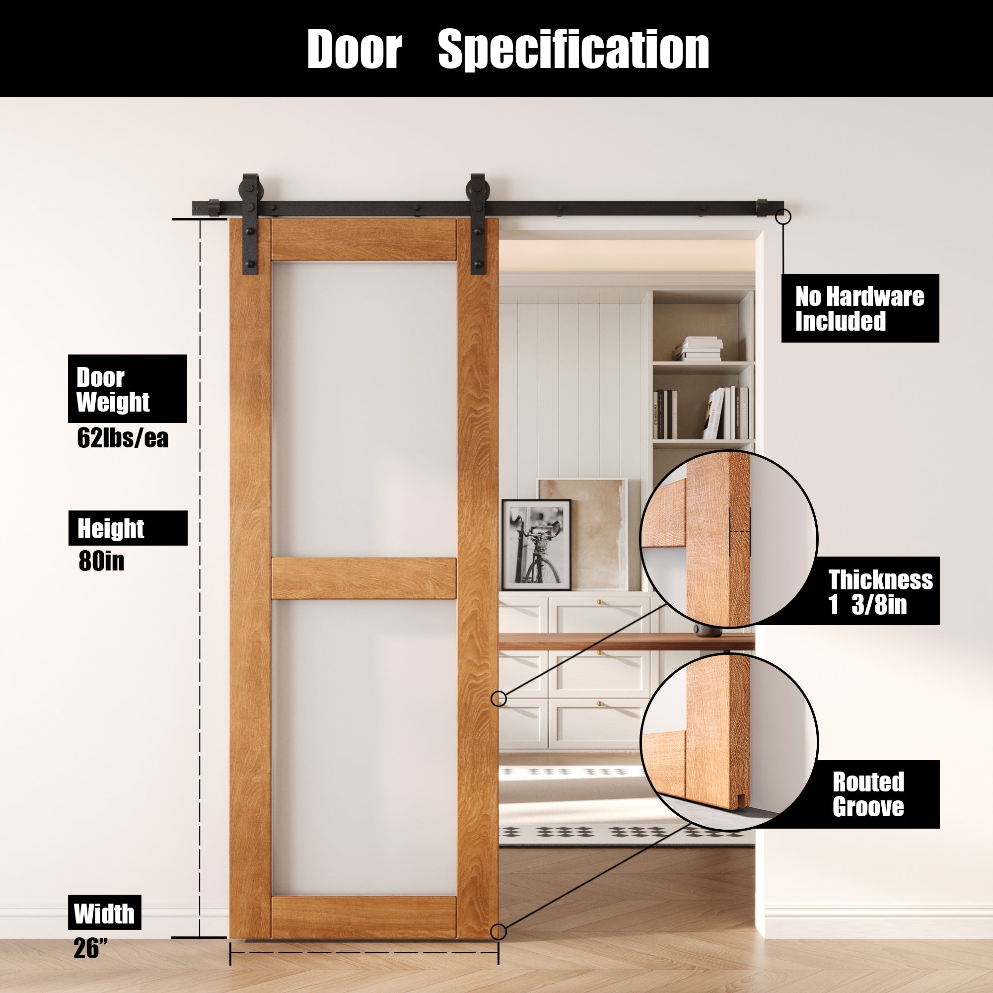 80" Height Early American 2-Lite Frosted Glass Unassembled & Finished Pine Wood Barn Door (Interior Use Only)