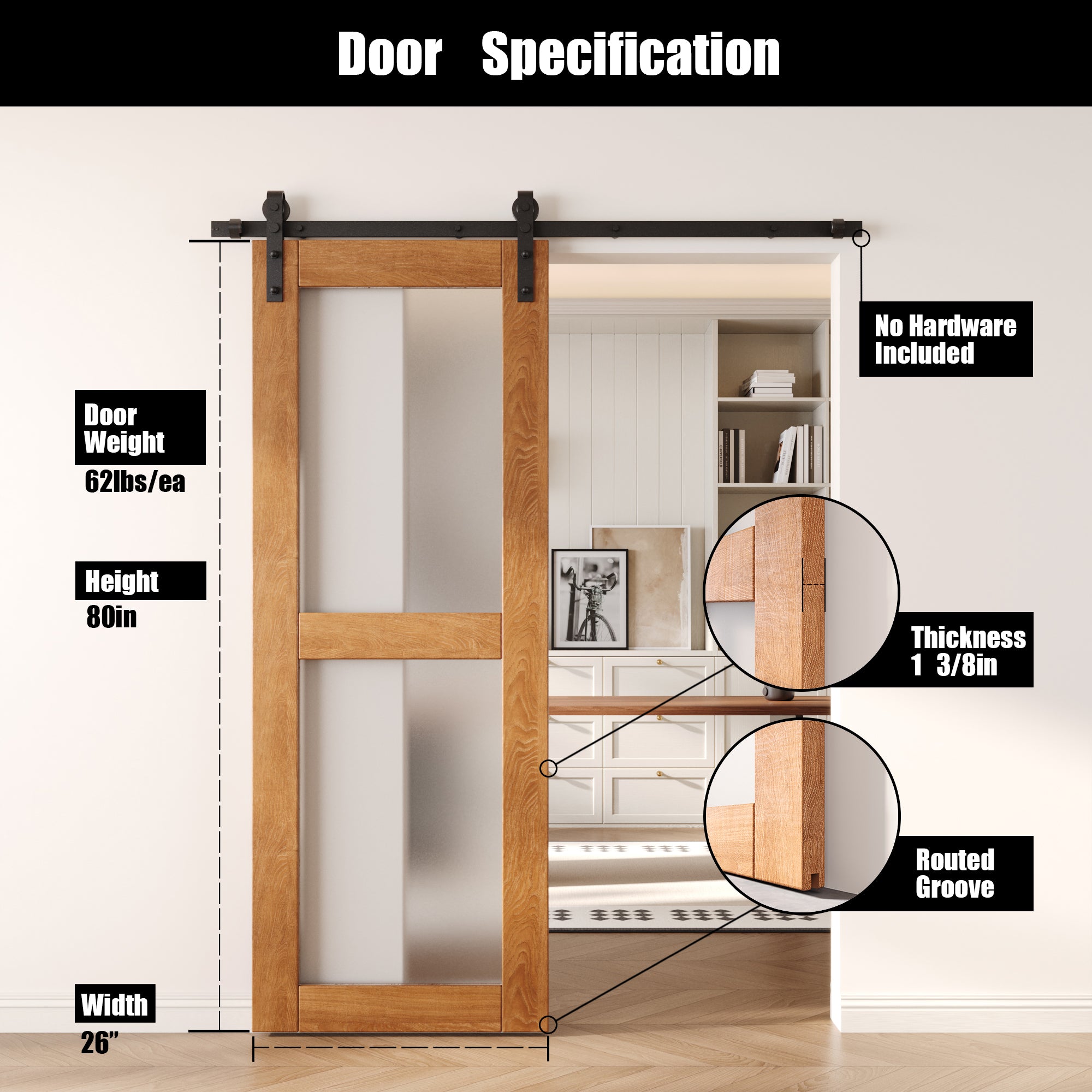 80" Height Early American 2-Lite Frosted Glass Unassembled & Finished Pine Wood Barn Door (Interior Use Only)