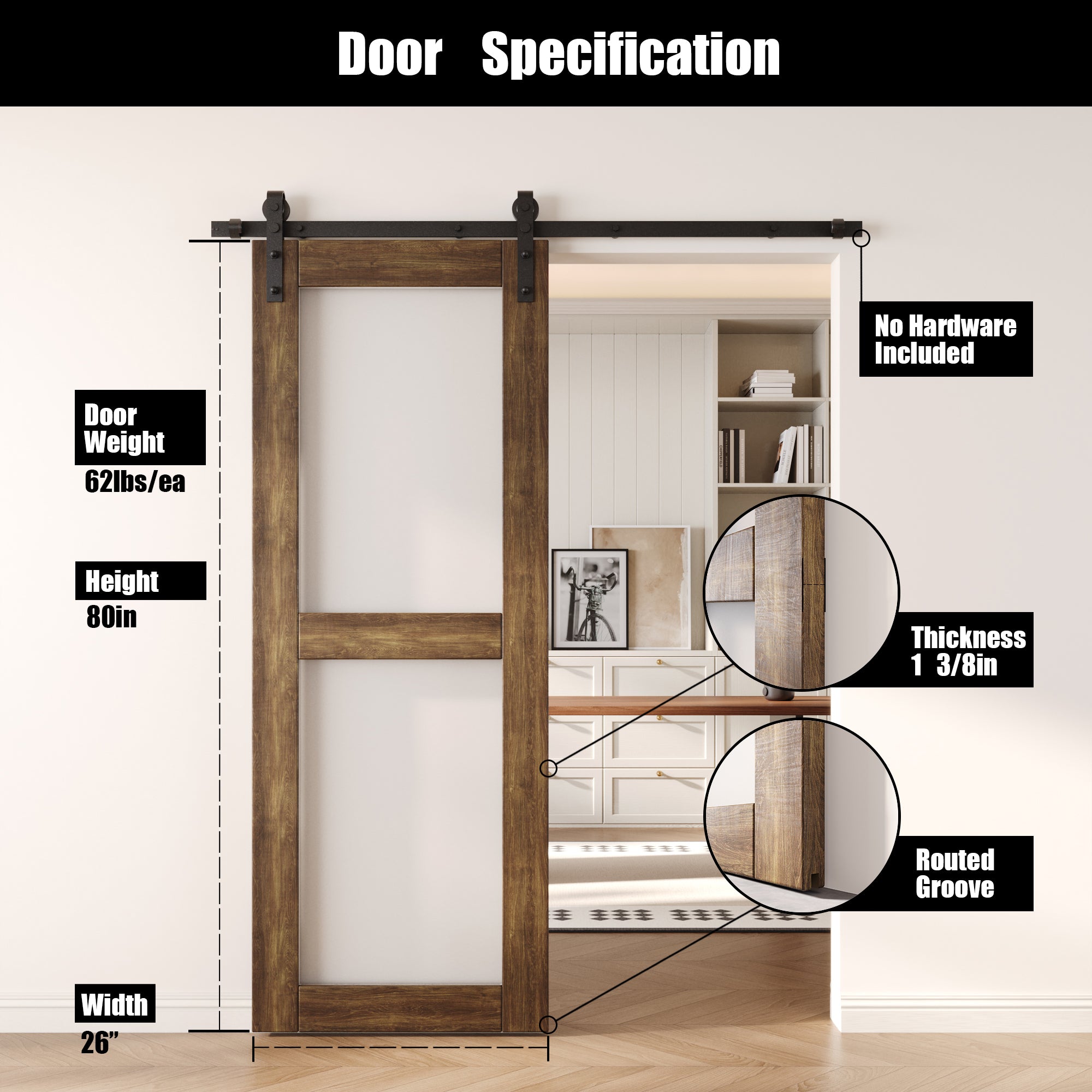 80" Height Dark Walnut 2-Lite Frosted Glass Unassembled & Finished Pine Wood Barn Door (Interior Use Only)