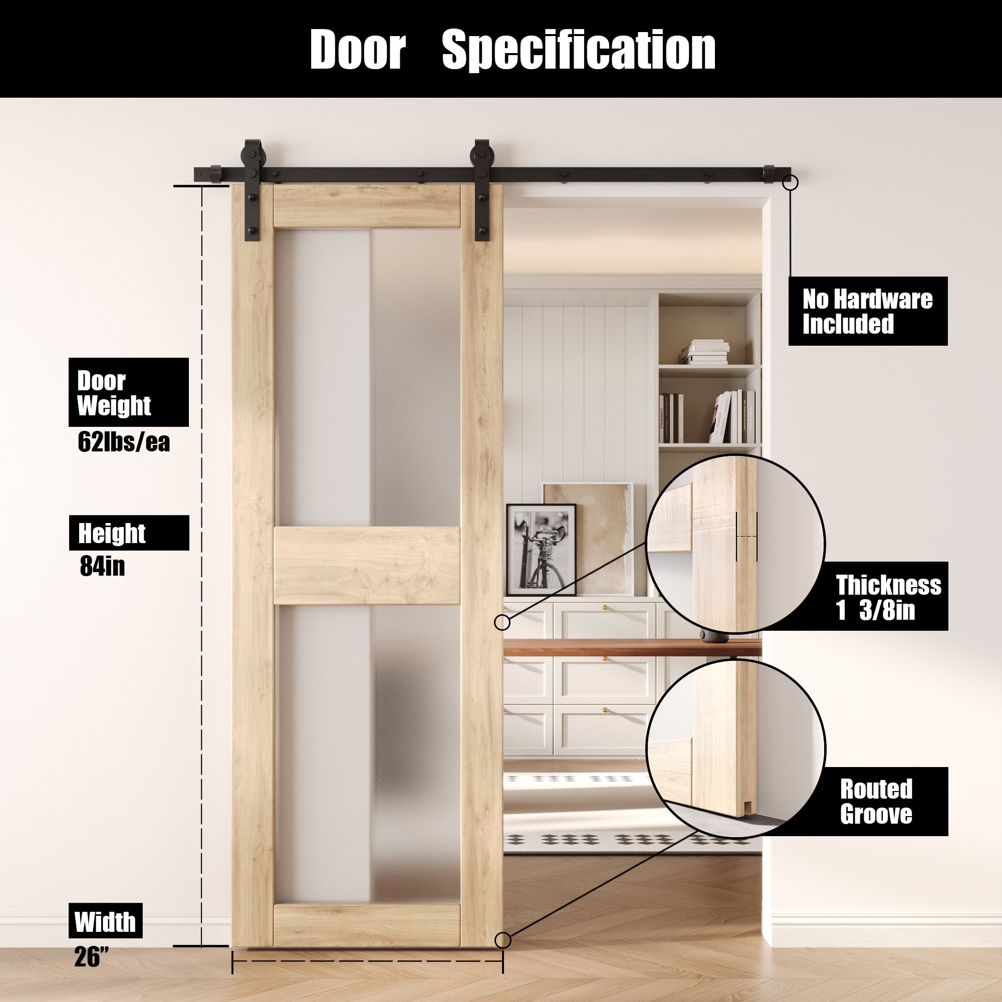 84" Height 2-Lite Frosted Glass Unassembled & Unfinished Pine Wood Barn Door (Interior Use Only)