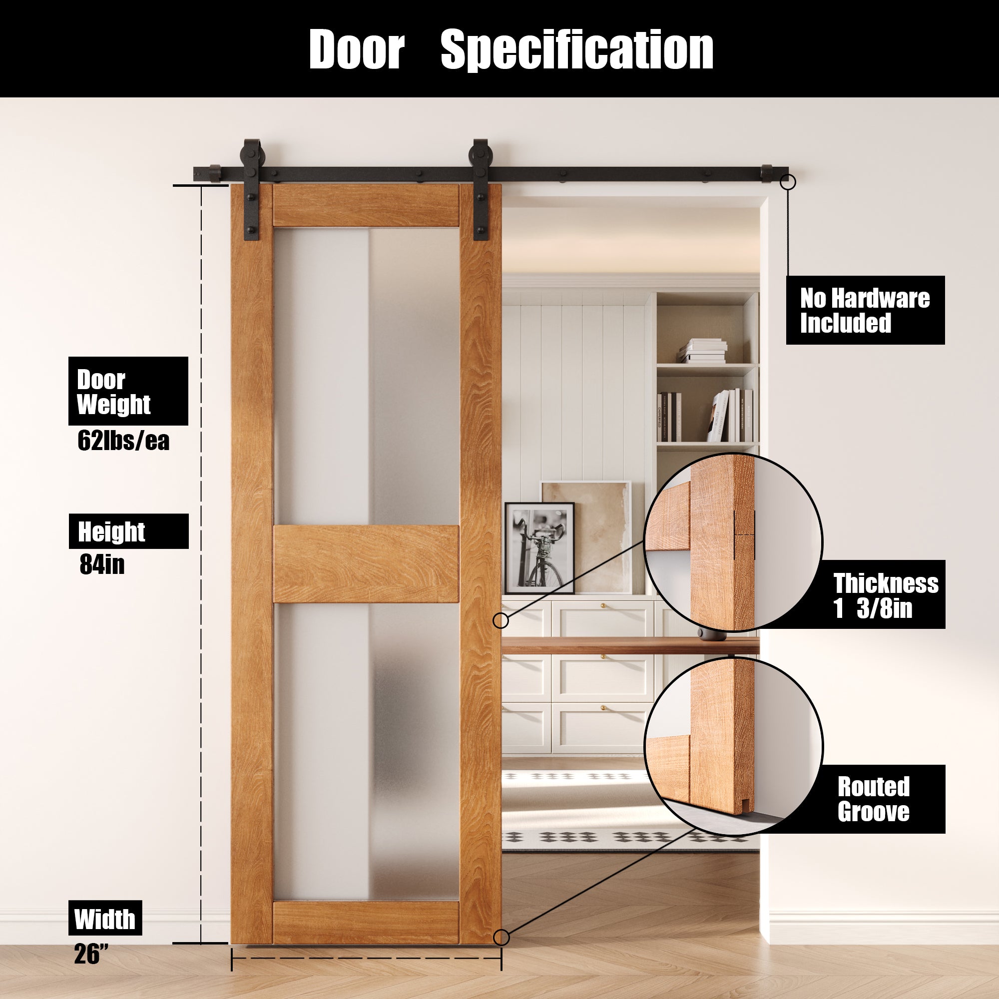 84" Height Early American 2-Lite Frosted Glass Unassembled & Finished Pine Wood Barn Door (Interior Use Only)