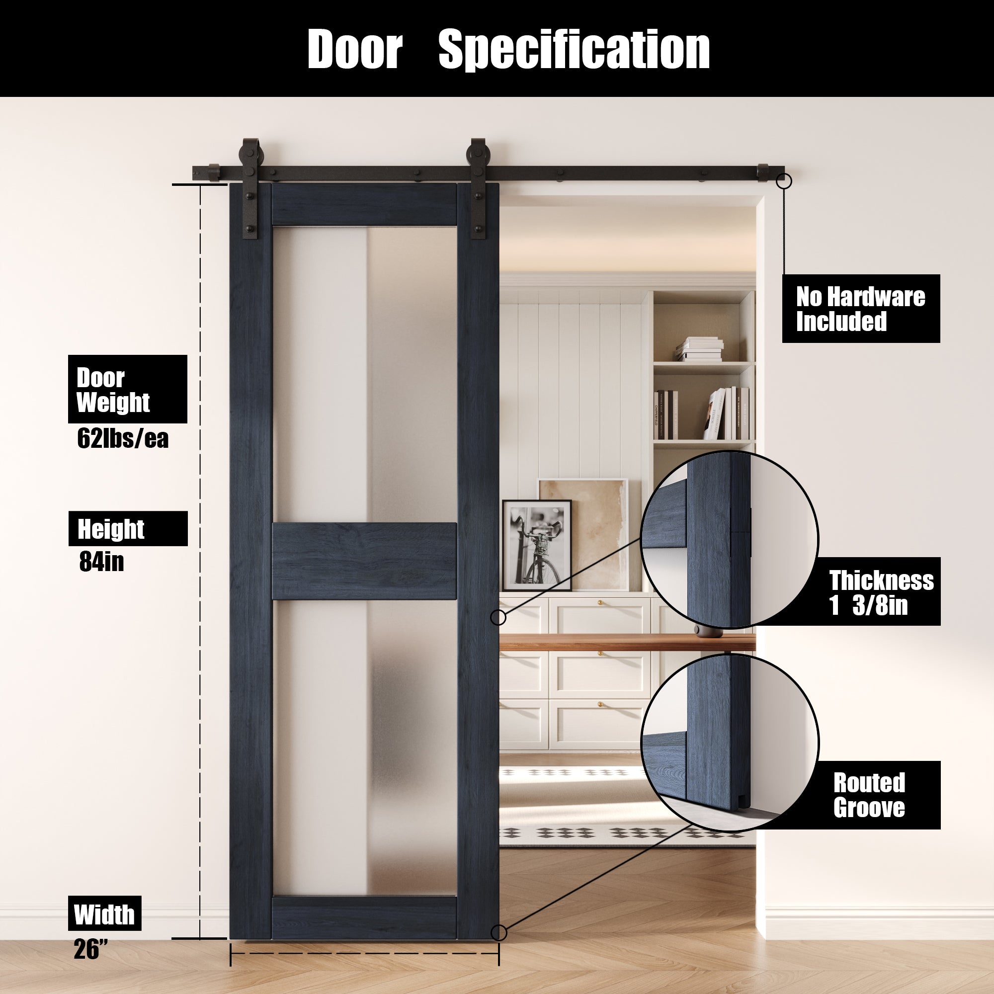 84" Height Navy 2-Lite Frosted Glass Unassembled & Finished Pine Wood Barn Door (Interior Use Only)
