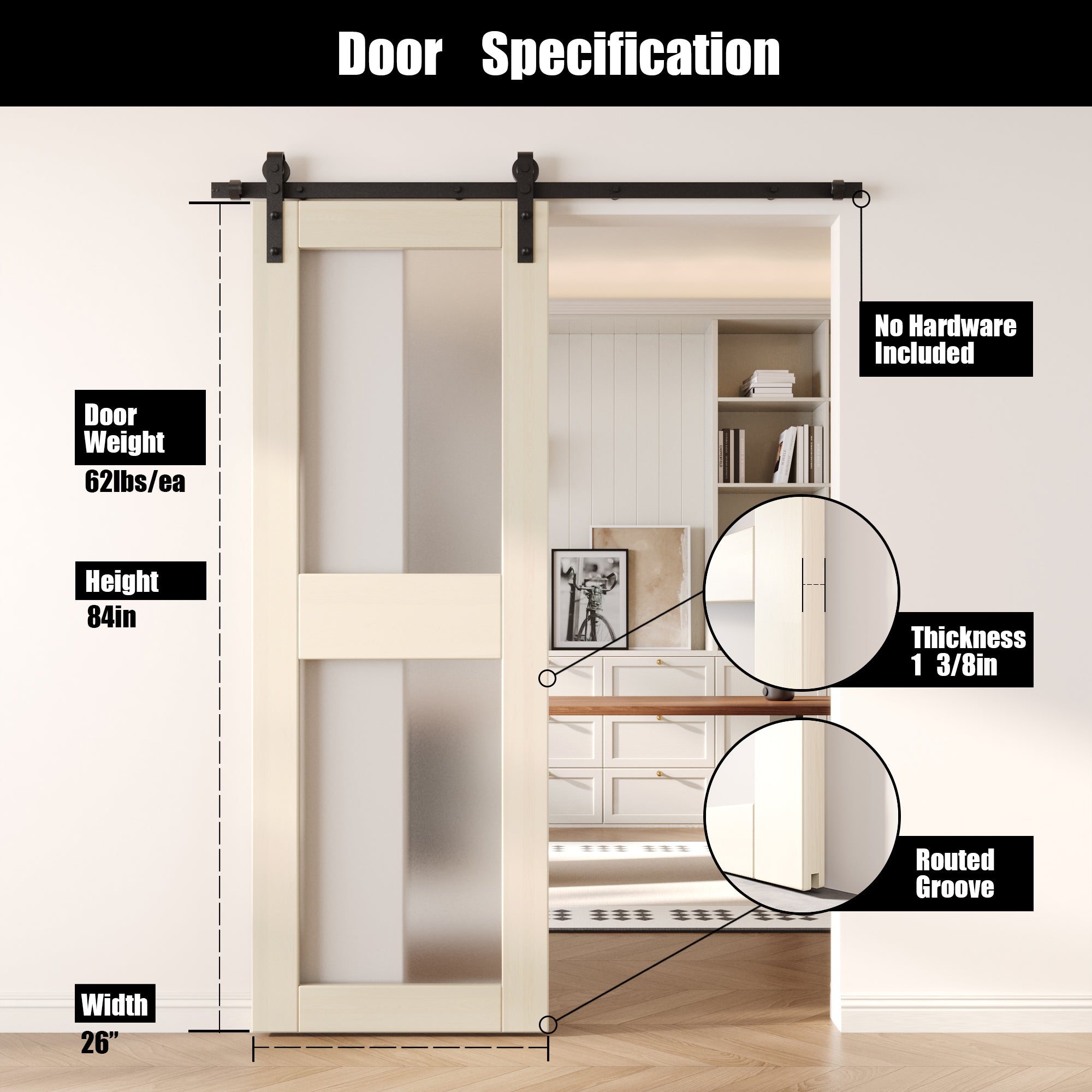 84" Height Tinsmith Gray 2-Lite Frosted Glass Unassembled & Finished Pine Wood Barn Door (Interior Use Only)