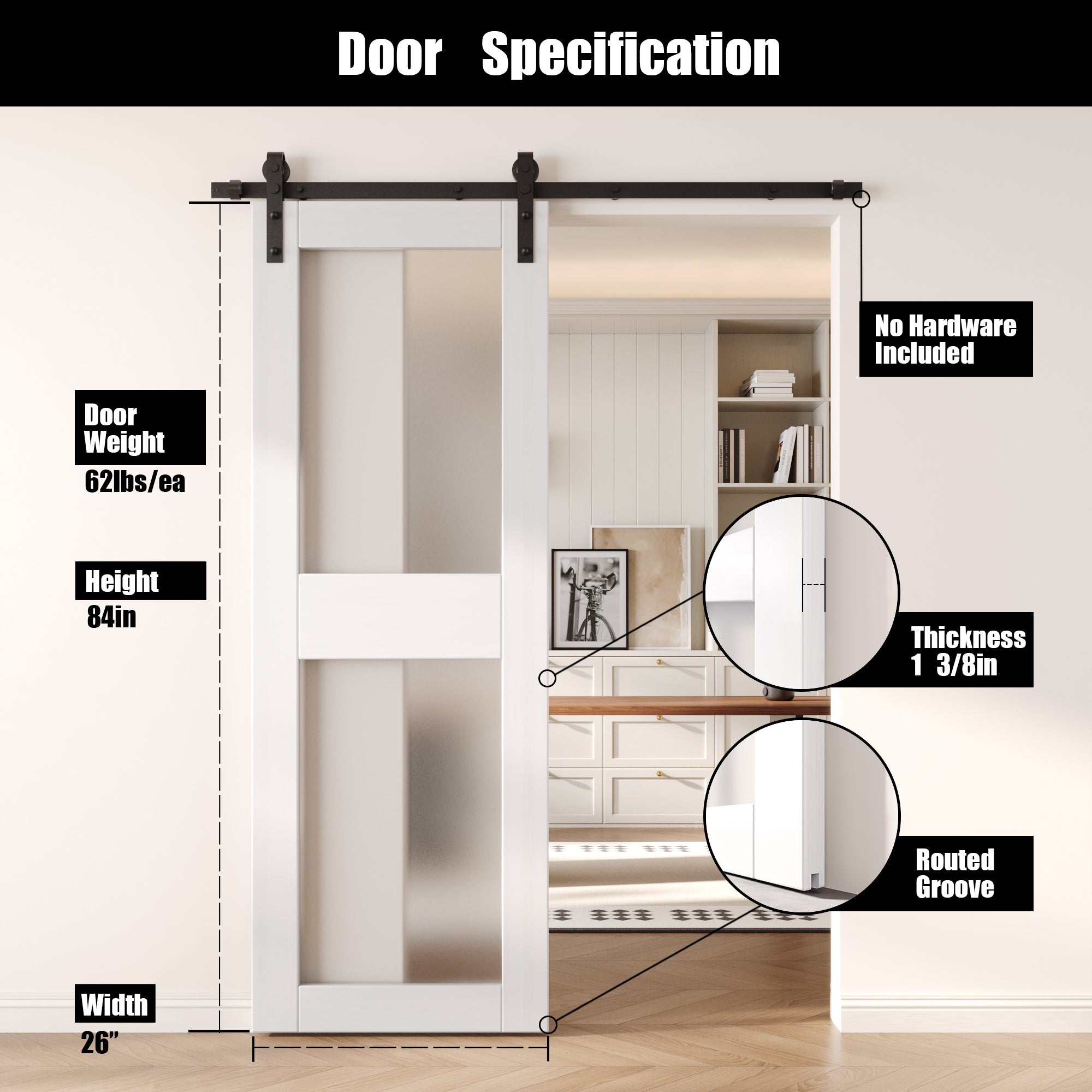 84" Height White 2-Lite Frosted Glass Unassembled & Finished Pine Wood Barn Door (Interior Use Only)
