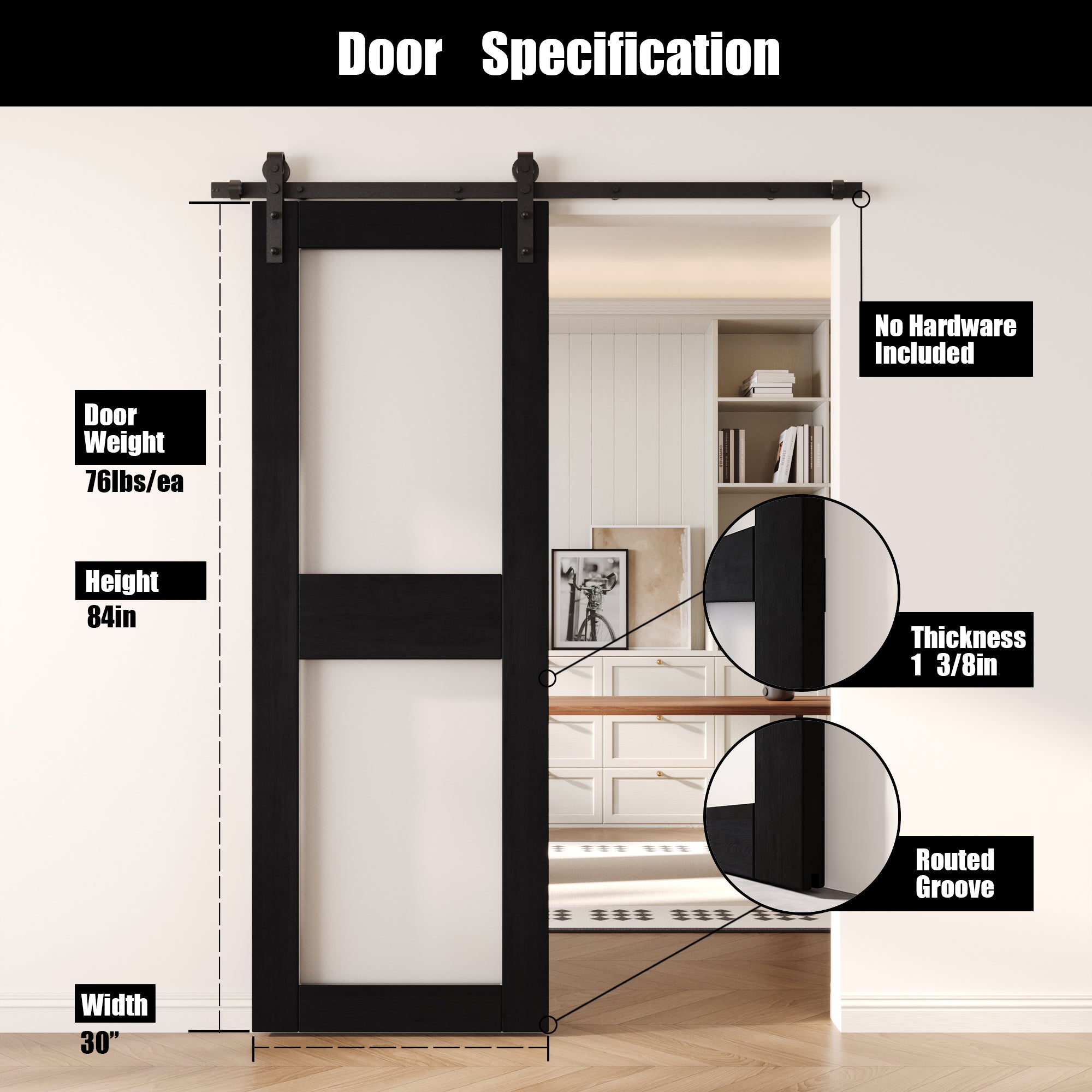 84" Height Black 2-Lite Frosted Glass Unassembled & Finished Pine Wood Barn Door (Interior Use Only)