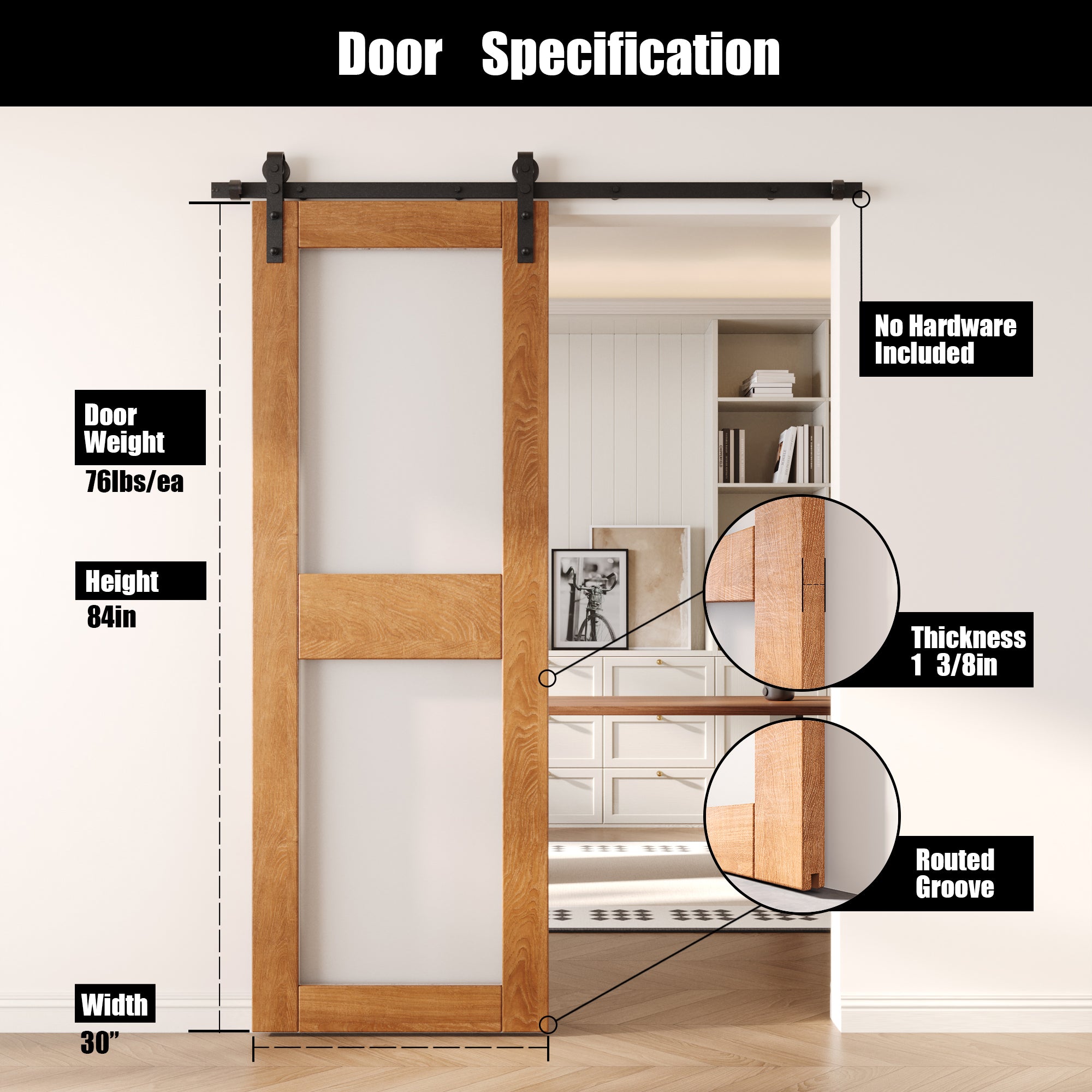 84" Height Early American 2-Lite Frosted Glass Unassembled & Finished Pine Wood Barn Door (Interior Use Only)