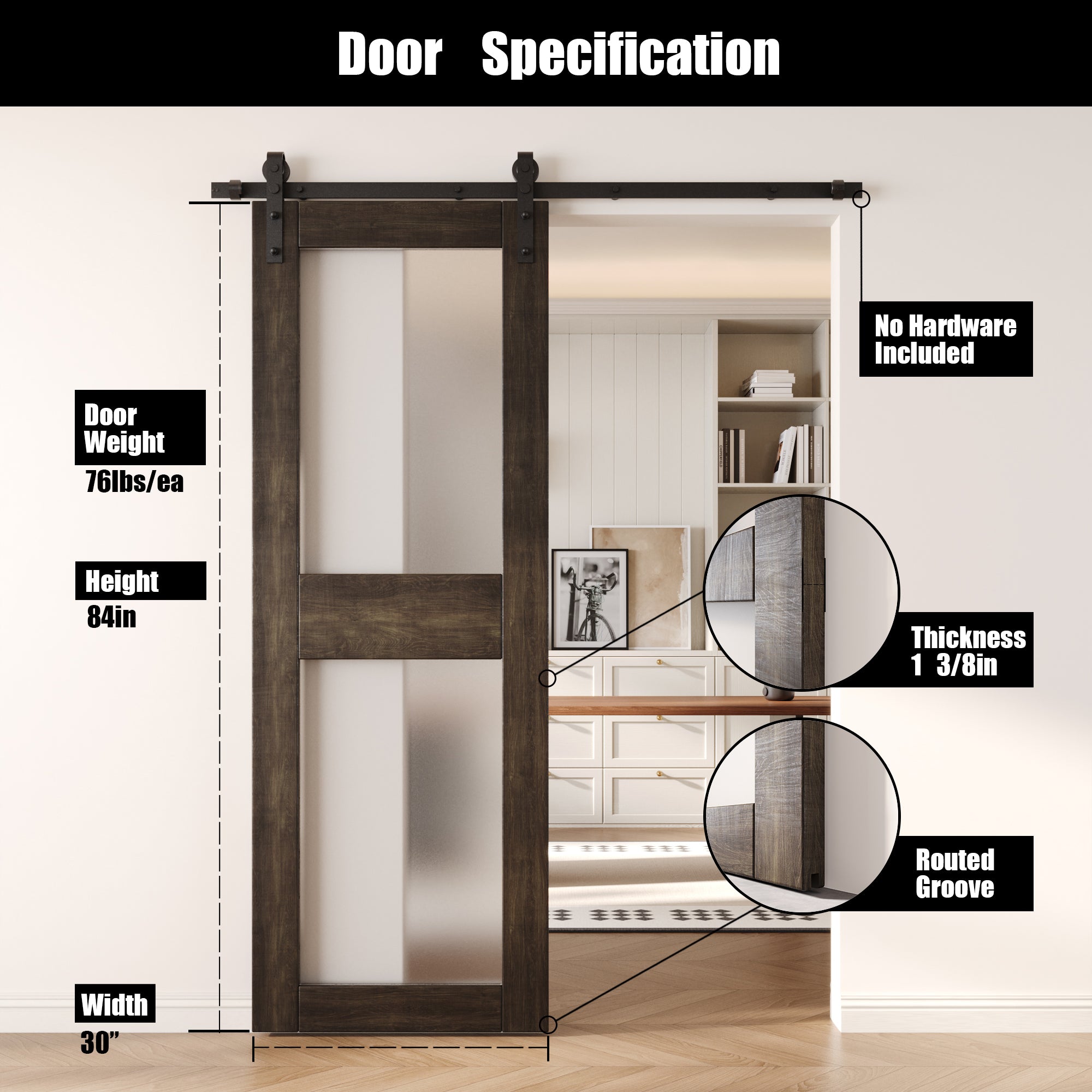 84" Height Ebony 2-Lite Frosted Glass Unassembled & Finished Pine Wood Barn Door (Interior Use Only)