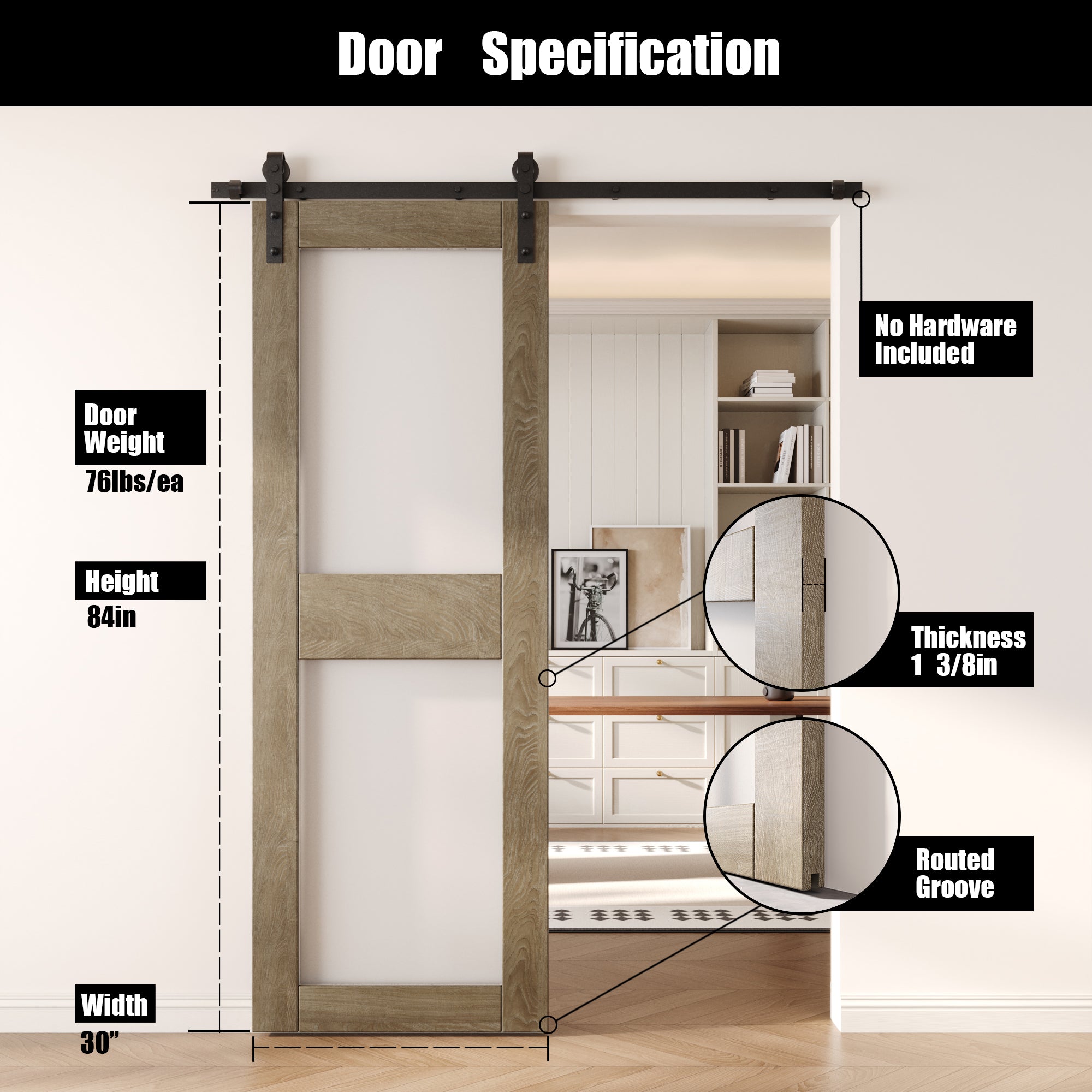 84" Height Classic Gray 2-Lite Frosted Glass Unassembled & Finished Pine Wood Barn Door (Interior Use Only)