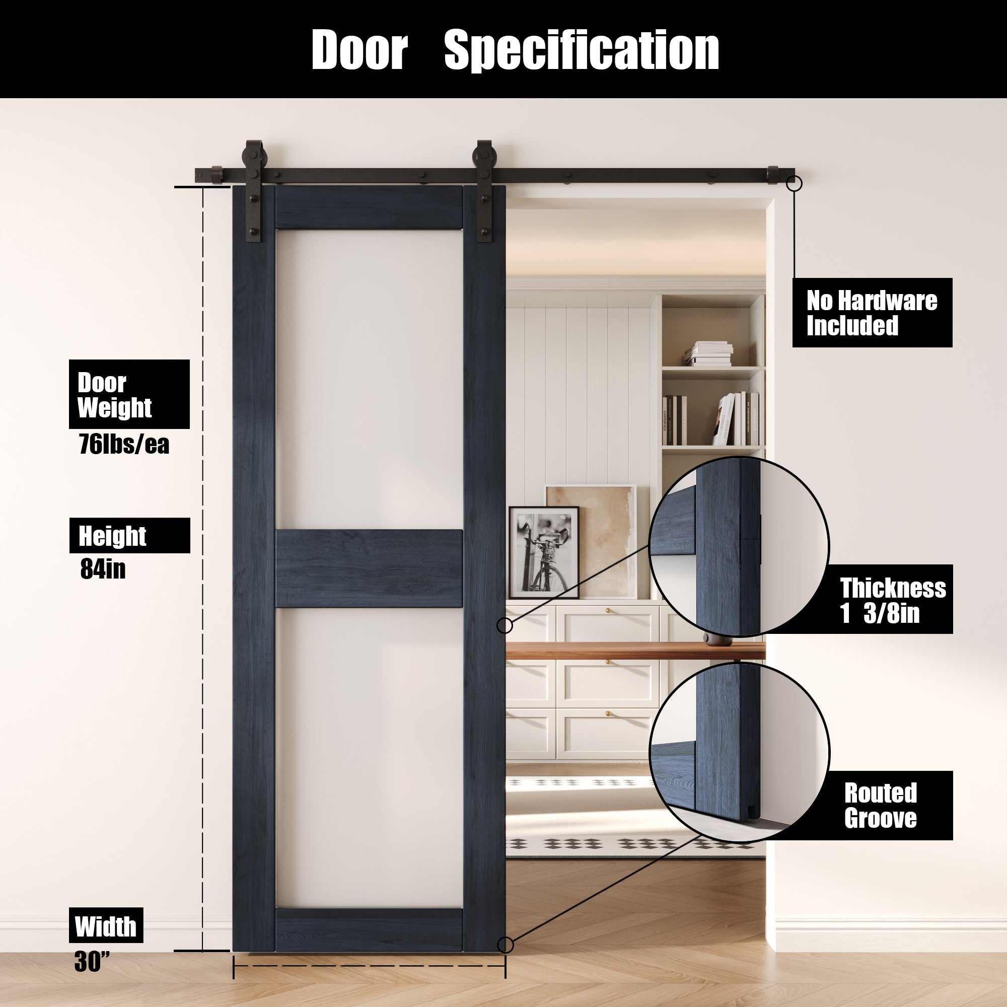 84" Height Navy 2-Lite Frosted Glass Unassembled & Finished Pine Wood Barn Door (Interior Use Only)
