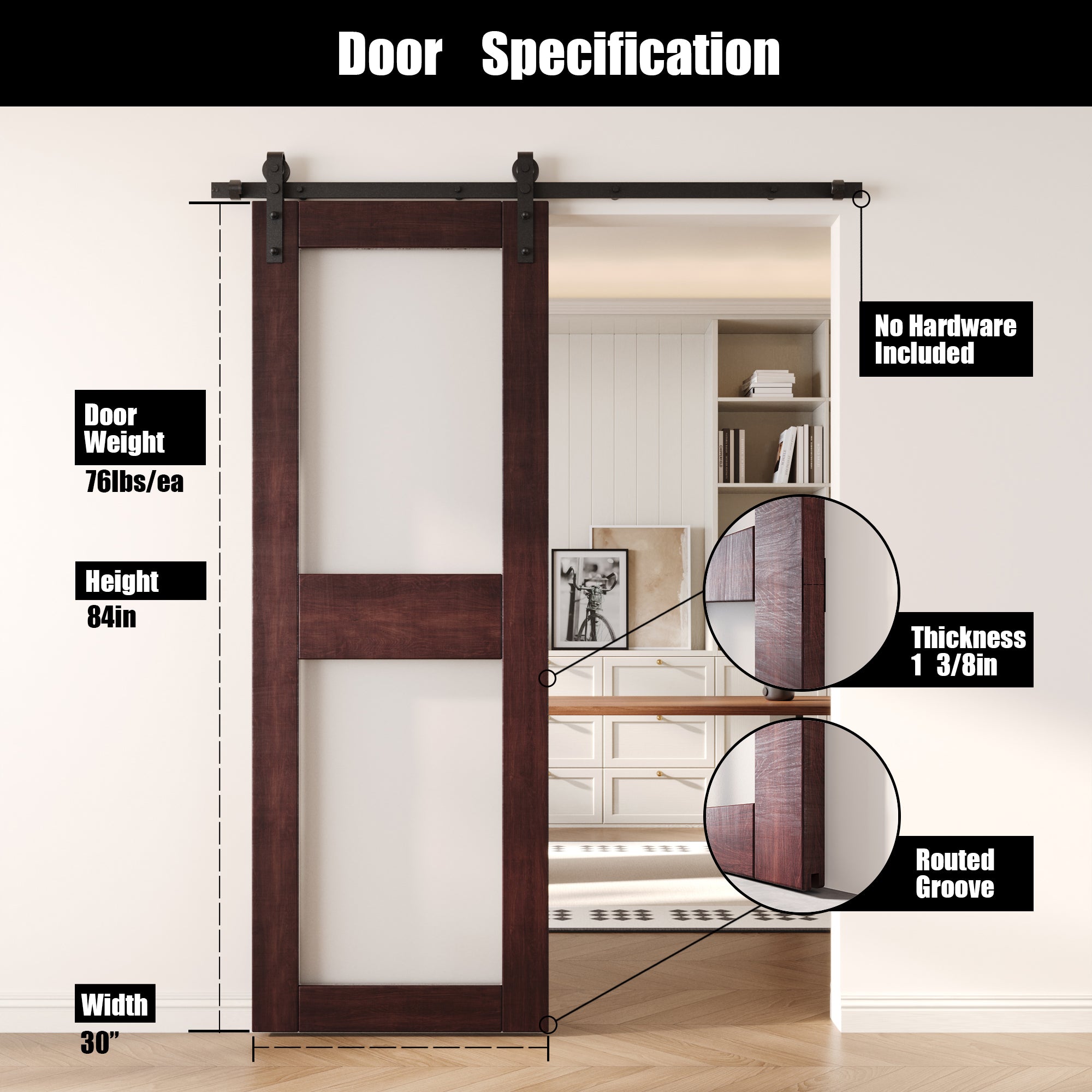 84" Height Red Mahogany 2-Lite Frosted Glass Unassembled & Finished Pine Wood Barn Door (Interior Use Only)