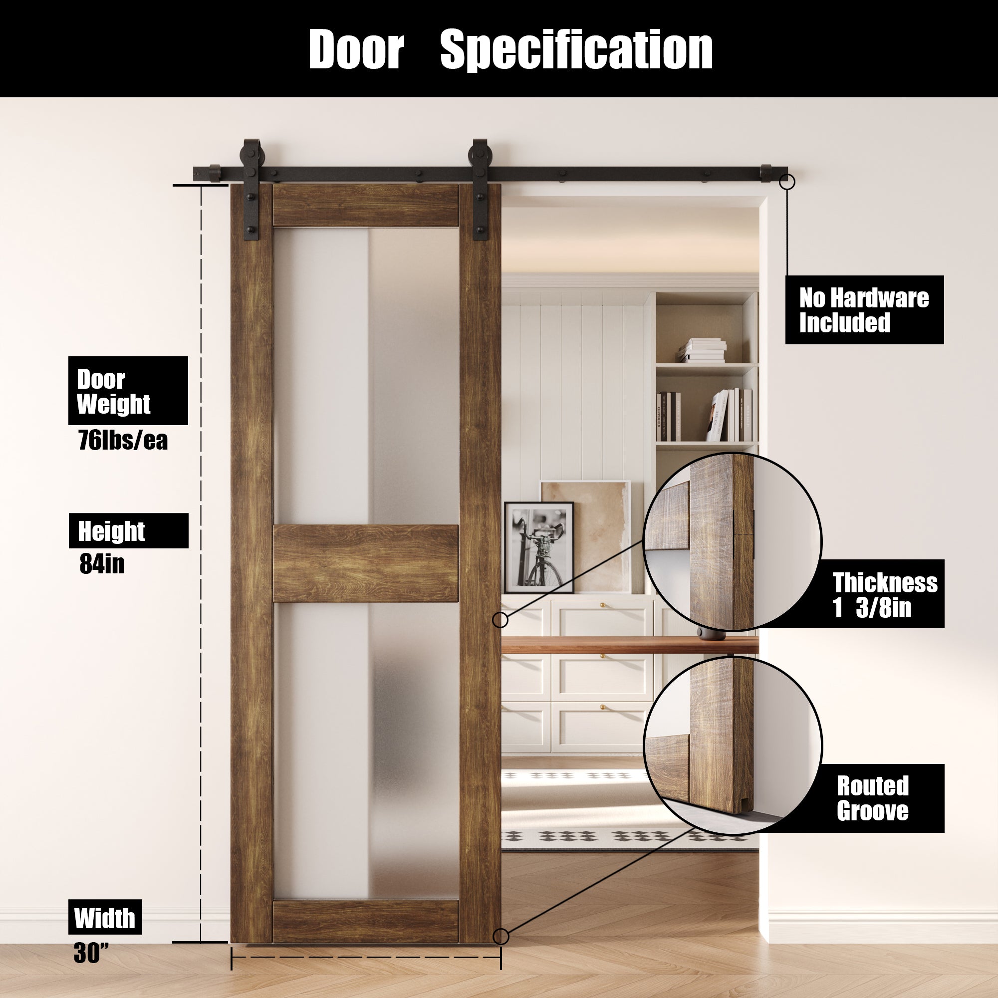 84" Height Dark Walnut 2-Lite Frosted Glass Unassembled & Finished Pine Wood Barn Door (Interior Use Only)