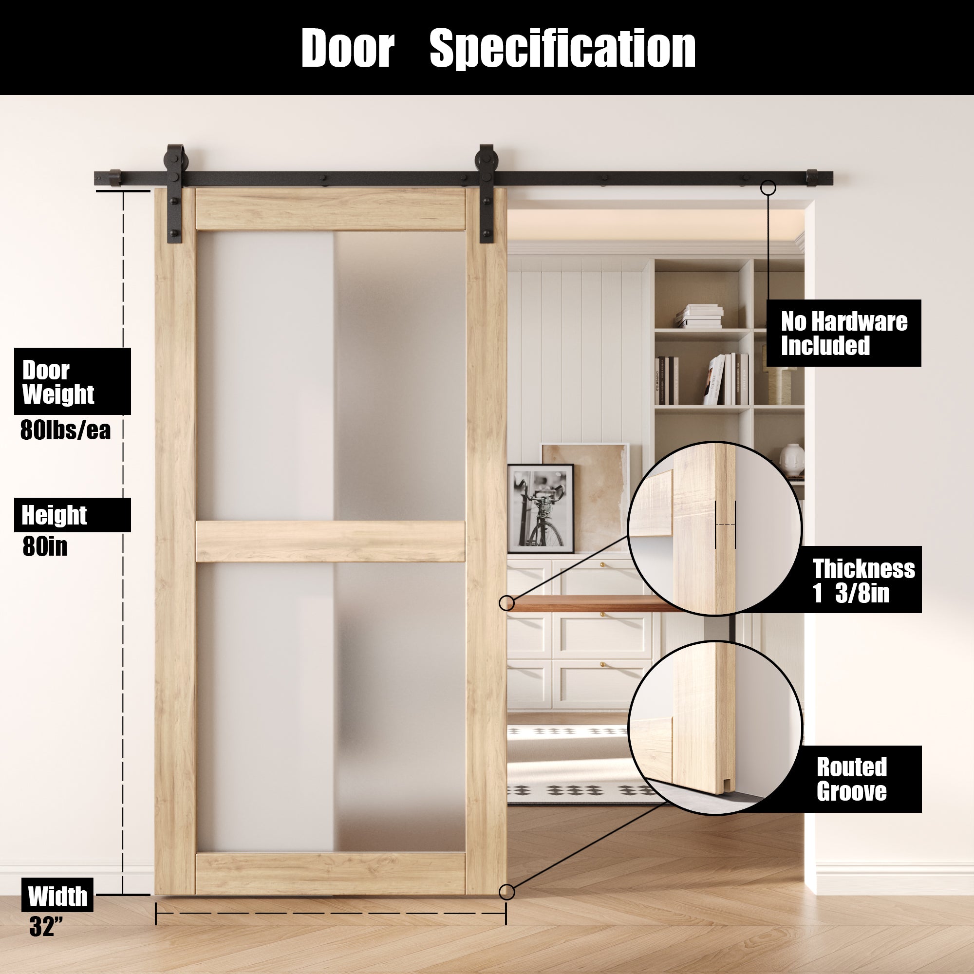80" Height 2-Lite Frosted Glass Unassembled & Unfinished Pine Wood Barn Door (Interior Use Only)