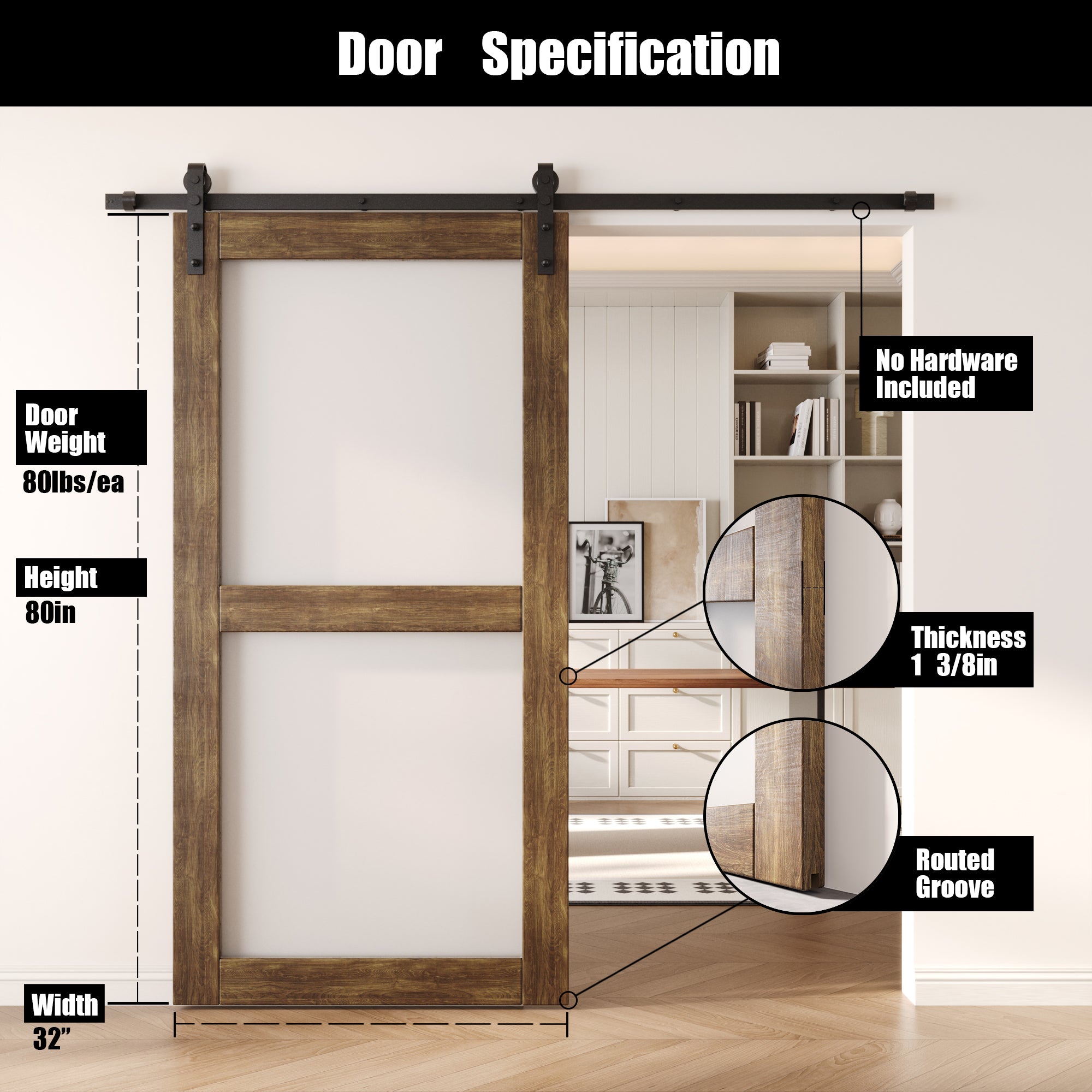80" Height Dark Walnut 2-Lite Frosted Glass Unassembled & Finished Pine Wood Barn Door (Interior Use Only)