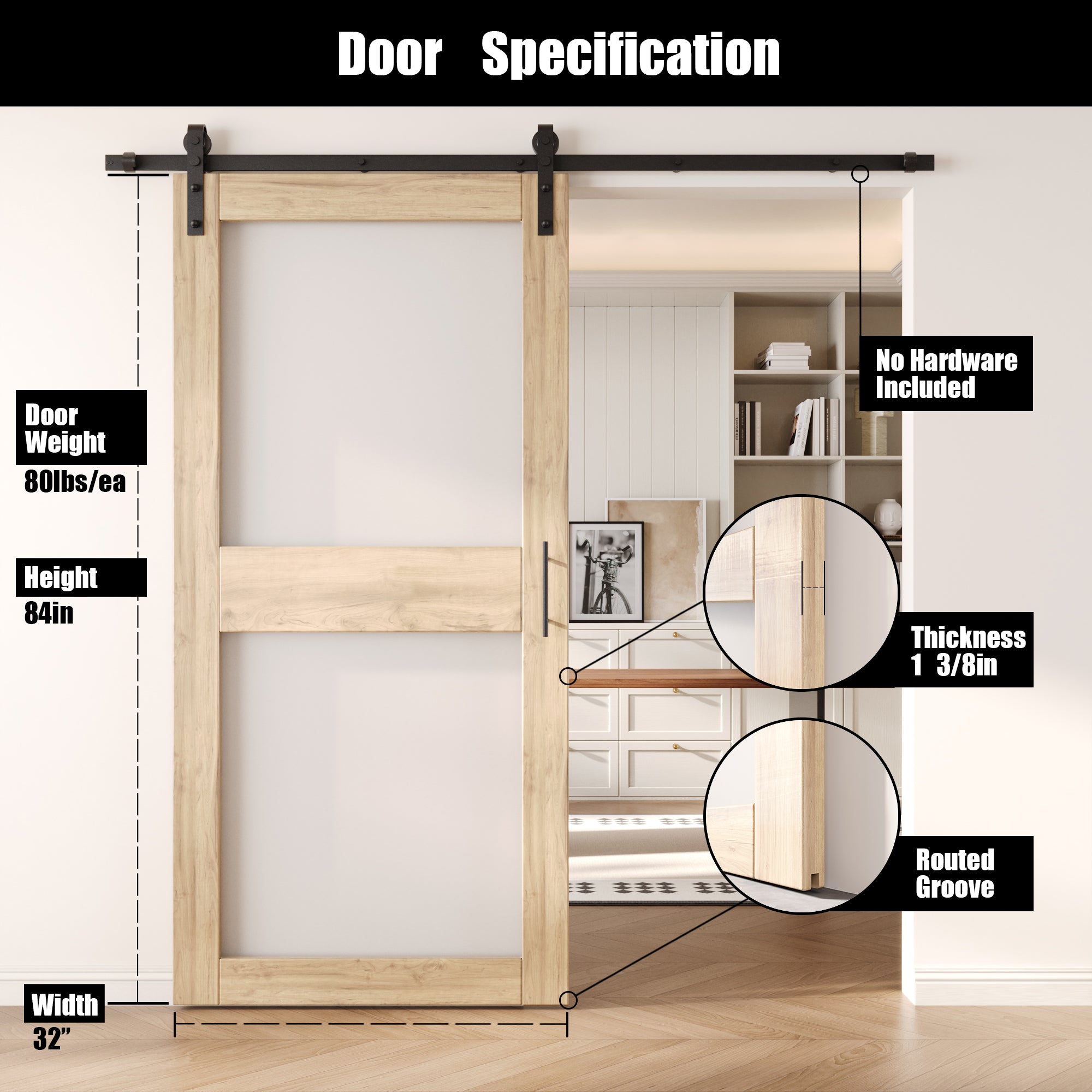 84" Height 2-Lite Frosted Glass Unassembled & Unfinished Pine Wood Barn Door (Interior Use Only)