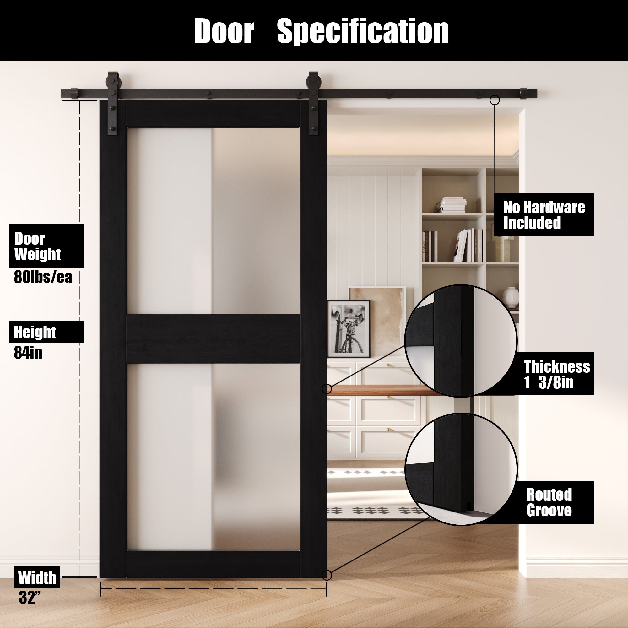 84" Height Black 2-Lite Frosted Glass Unassembled & Finished Pine Wood Barn Door (Interior Use Only)