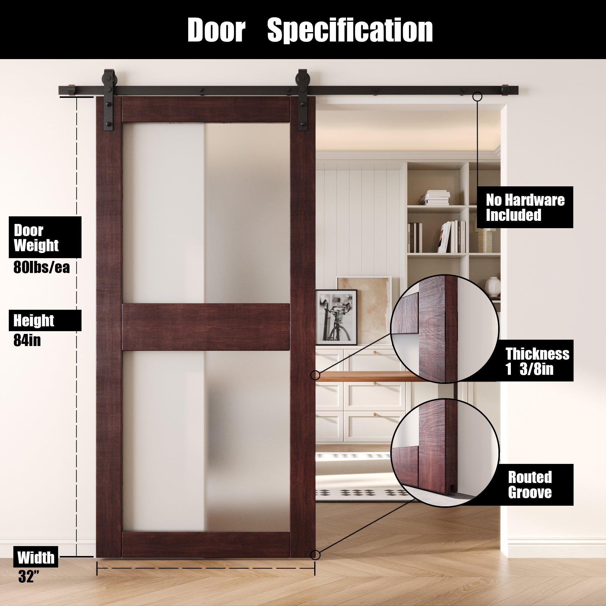 84" Height Red Mahogany 2-Lite Frosted Glass Unassembled & Finished Pine Wood Barn Door (Interior Use Only)