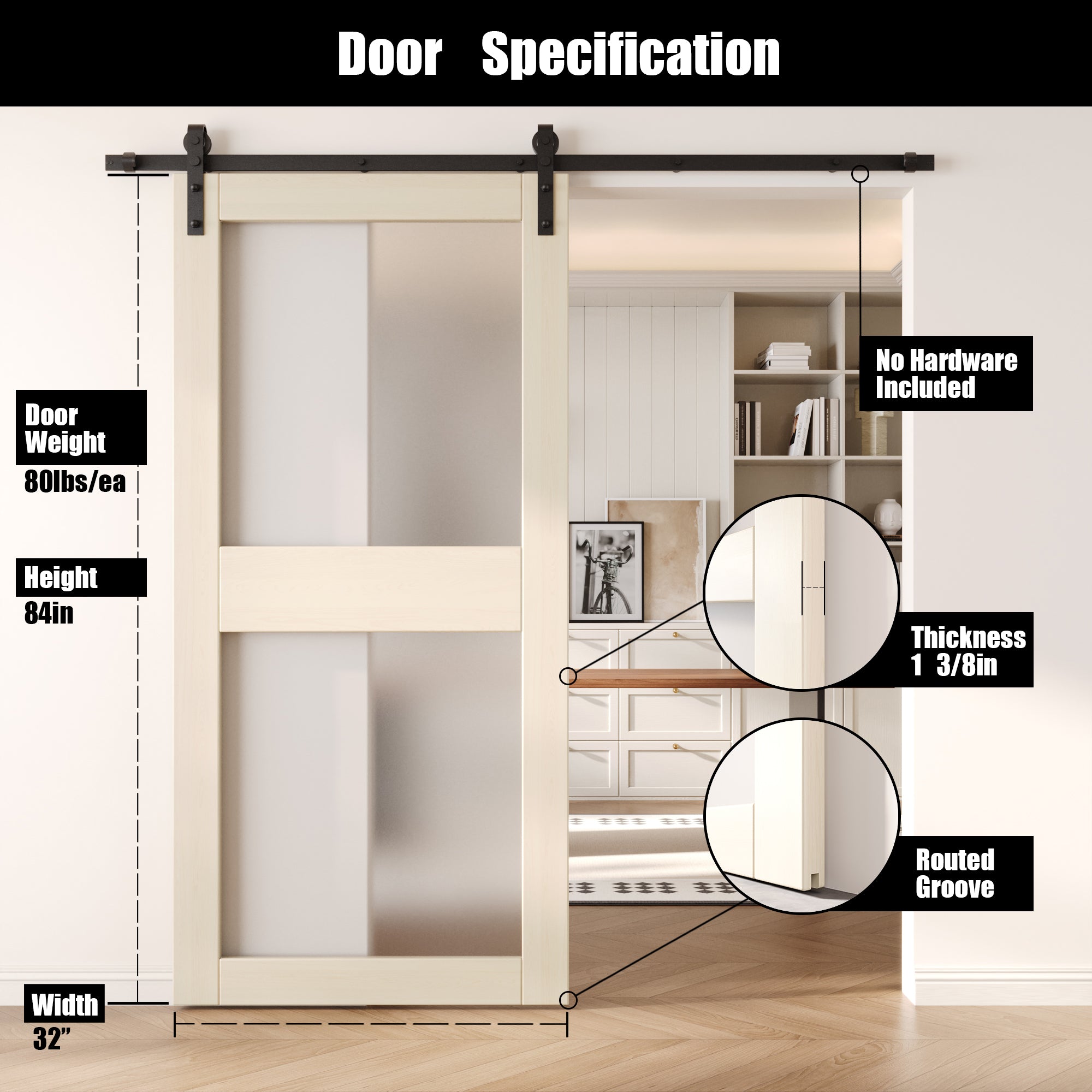 84" Height Tinsmith Gray 2-Lite Frosted Glass Unassembled & Finished Pine Wood Barn Door (Interior Use Only)