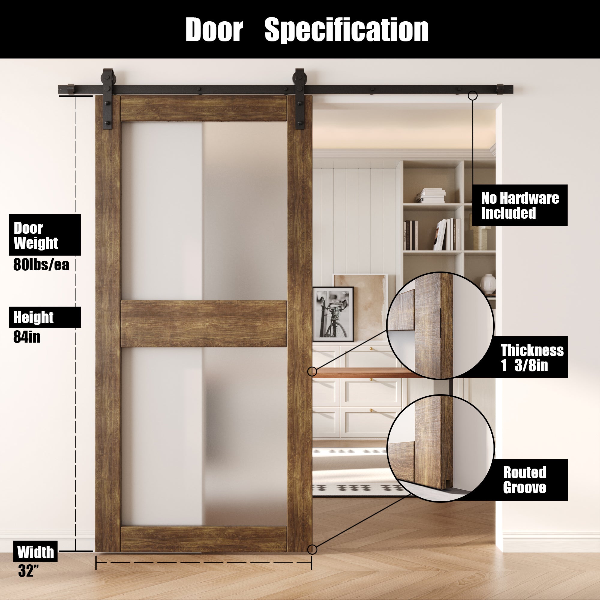 84" Height Dark Walnut 2-Lite Frosted Glass Unassembled & Finished Pine Wood Barn Door (Interior Use Only)