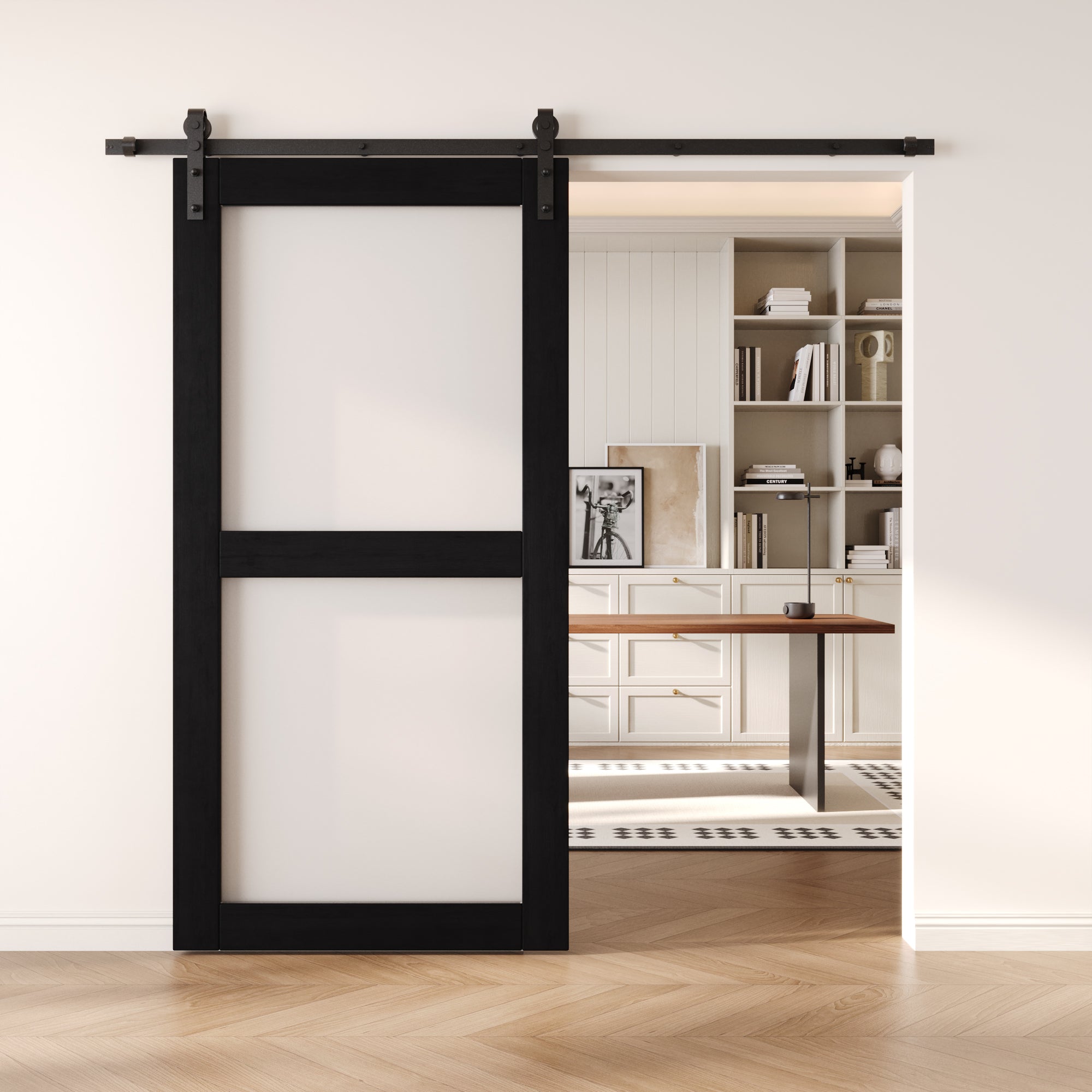 80" Height Black 2-Lite Frosted Glass Unassembled & Finished Pine Wood Barn Door (Interior Use Only)