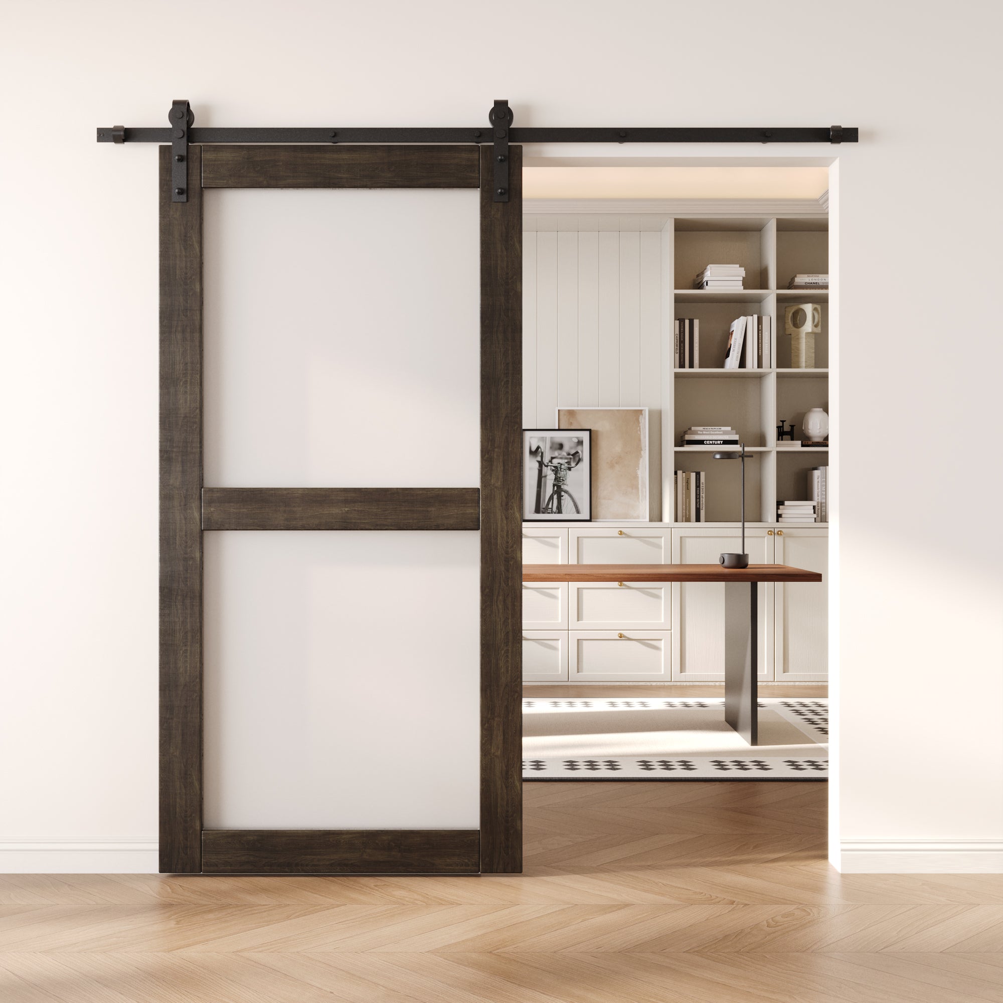 80" Height Ebony 2-Lite Frosted Glass Unassembled & Finished Pine Wood Barn Door (Interior Use Only)