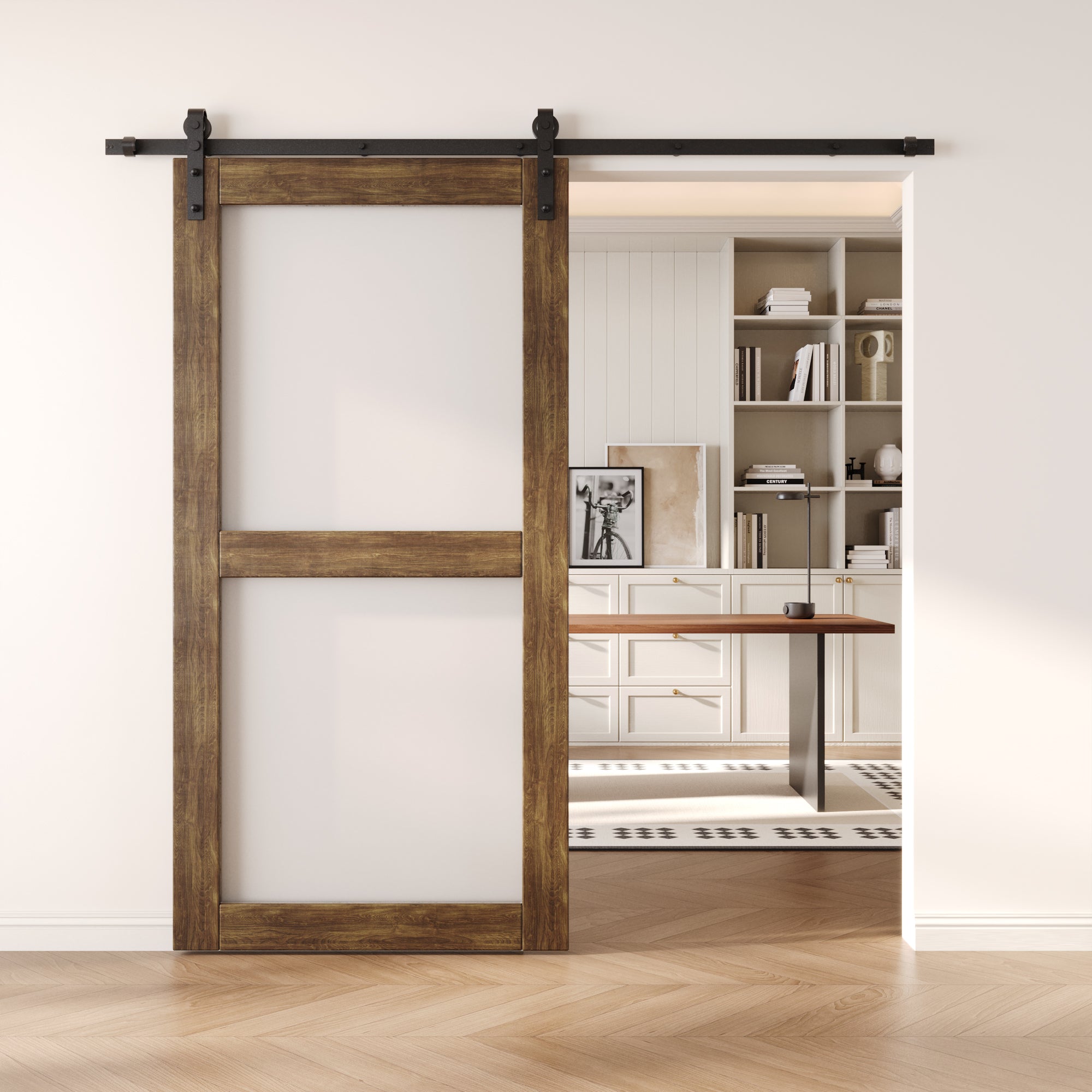 80" Height Dark Walnut 2-Lite Frosted Glass Unassembled & Finished Pine Wood Barn Door (Interior Use Only)