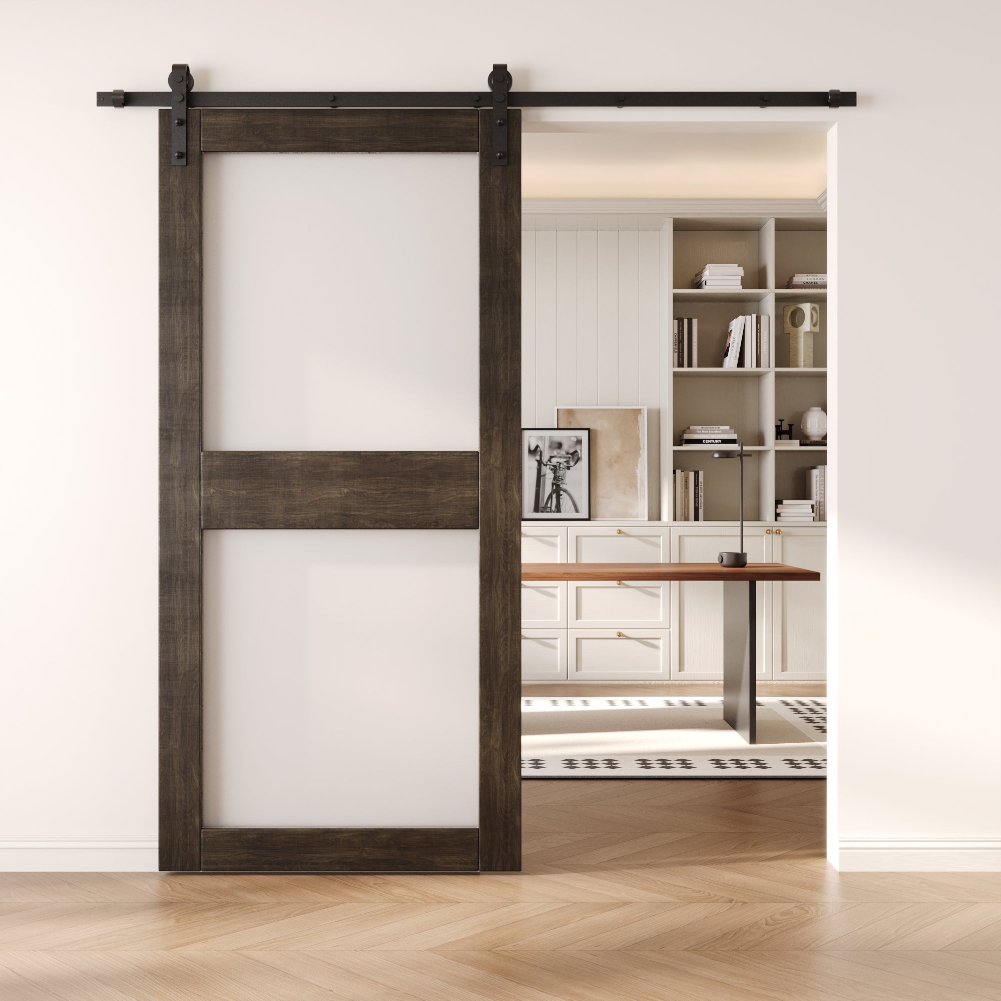 84" Height Ebony 2-Lite Frosted Glass Unassembled & Finished Pine Wood Barn Door (Interior Use Only)