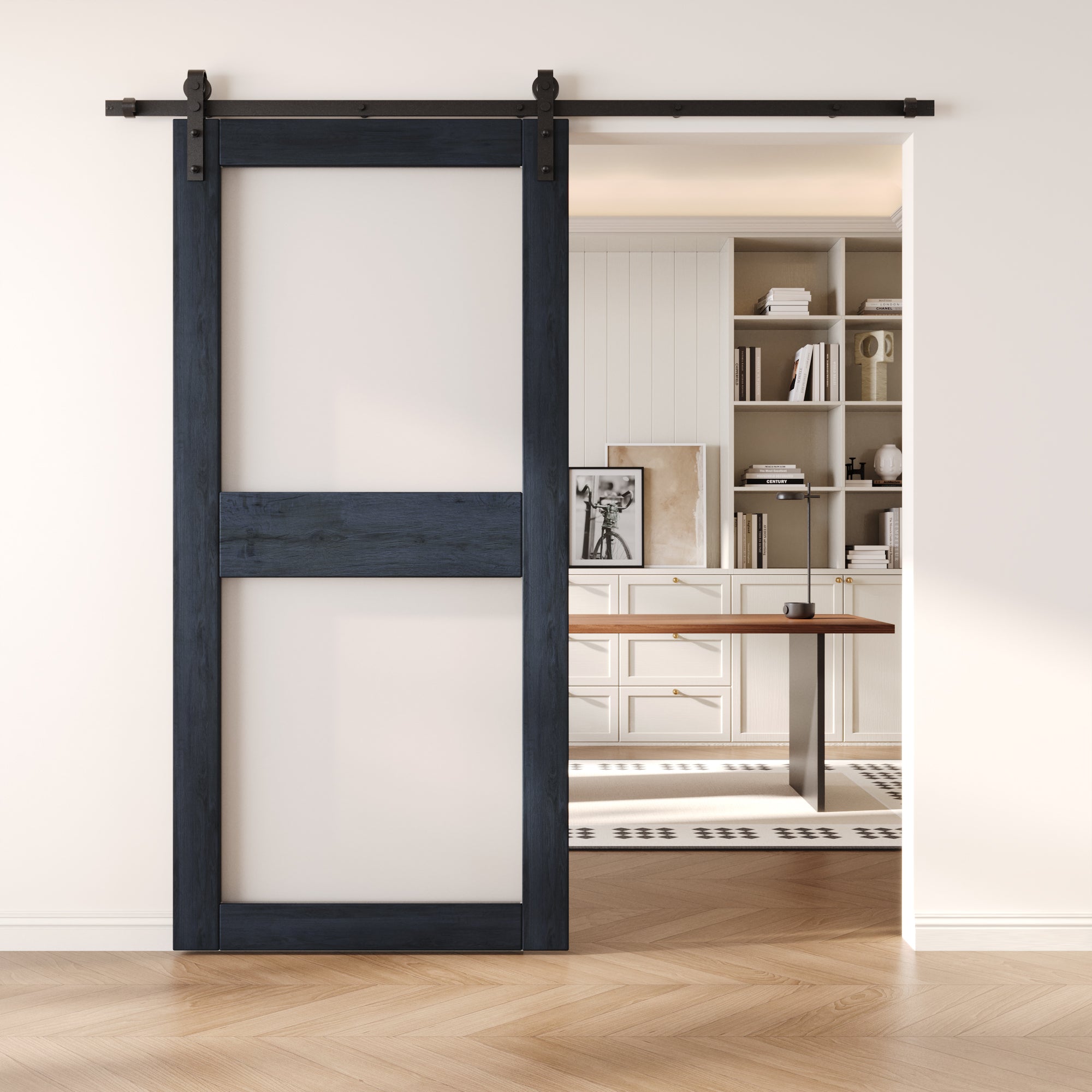 84" Height Navy 2-Lite Frosted Glass Unassembled & Finished Pine Wood Barn Door (Interior Use Only)