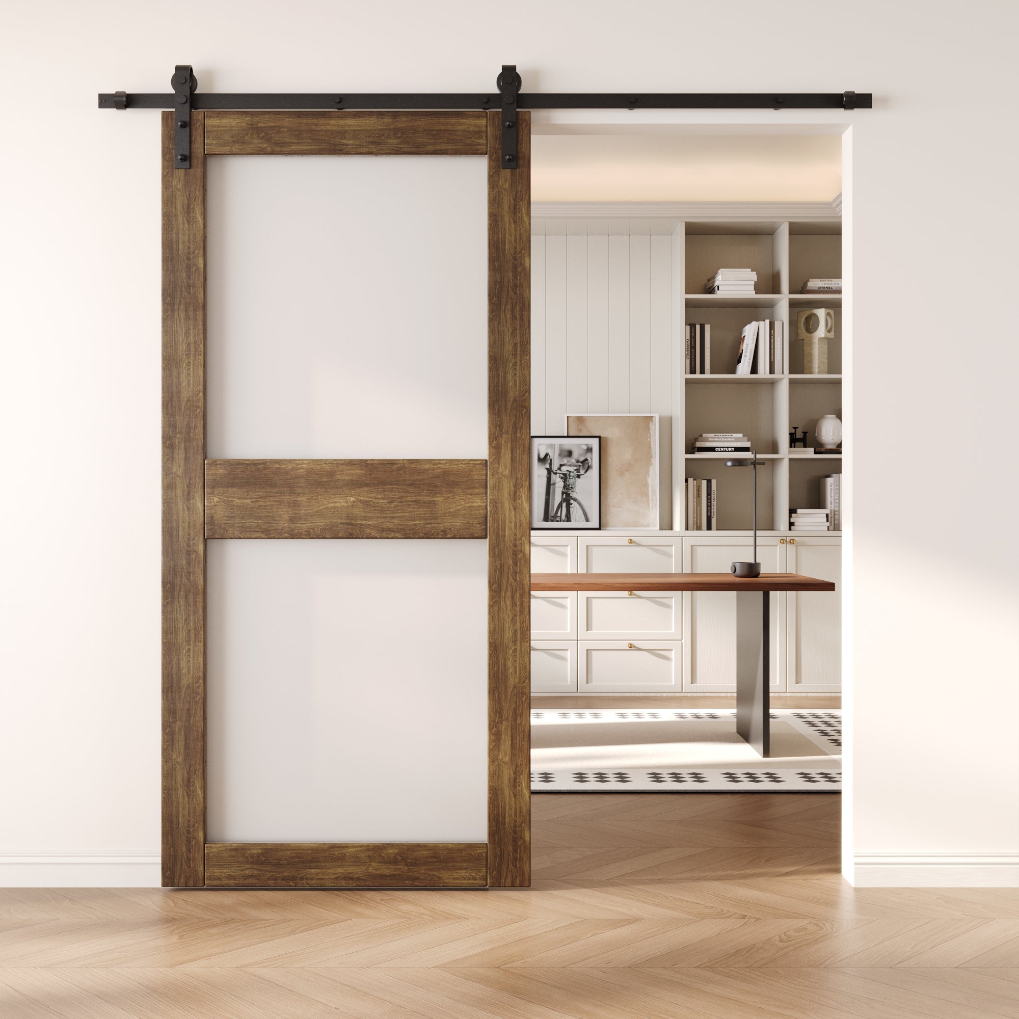 84" Height Dark Walnut 2-Lite Frosted Glass Unassembled & Finished Pine Wood Barn Door (Interior Use Only)