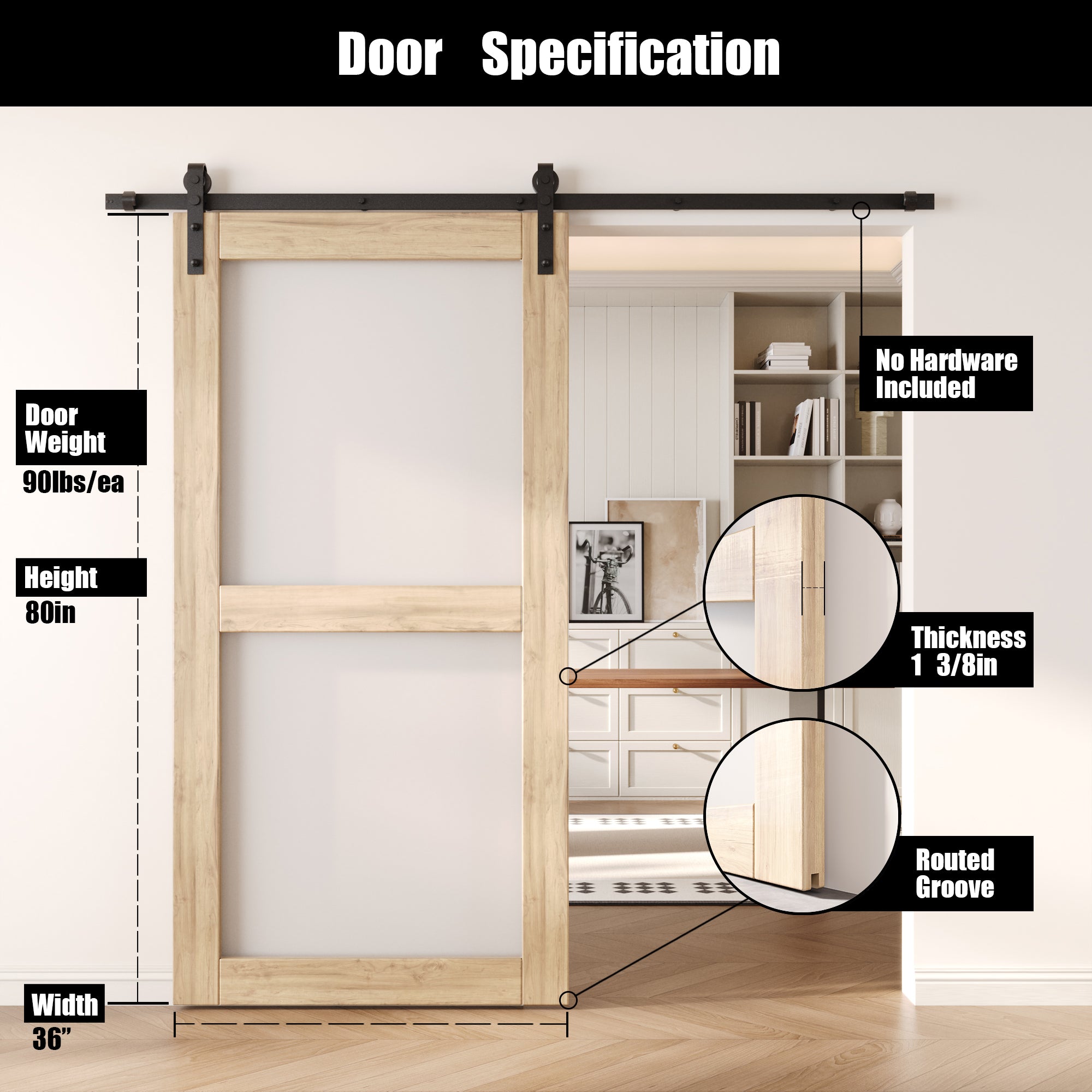 80" Height 2-Lite Frosted Glass Unassembled & Unfinished Pine Wood Barn Door (Interior Use Only)