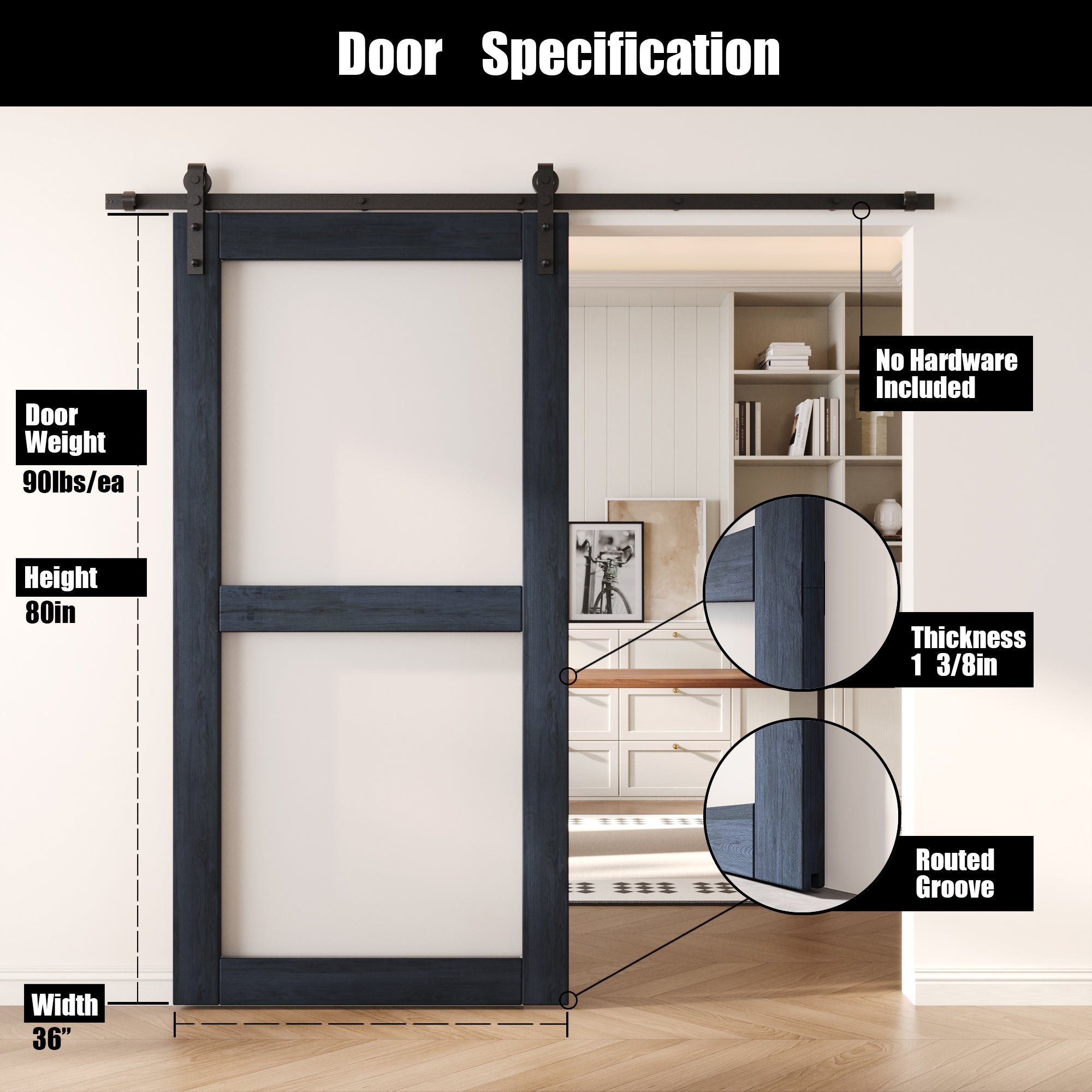 80" Height Navy 2-Lite Frosted Glass Unassembled & Finished Pine Wood Barn Door (Interior Use Only)