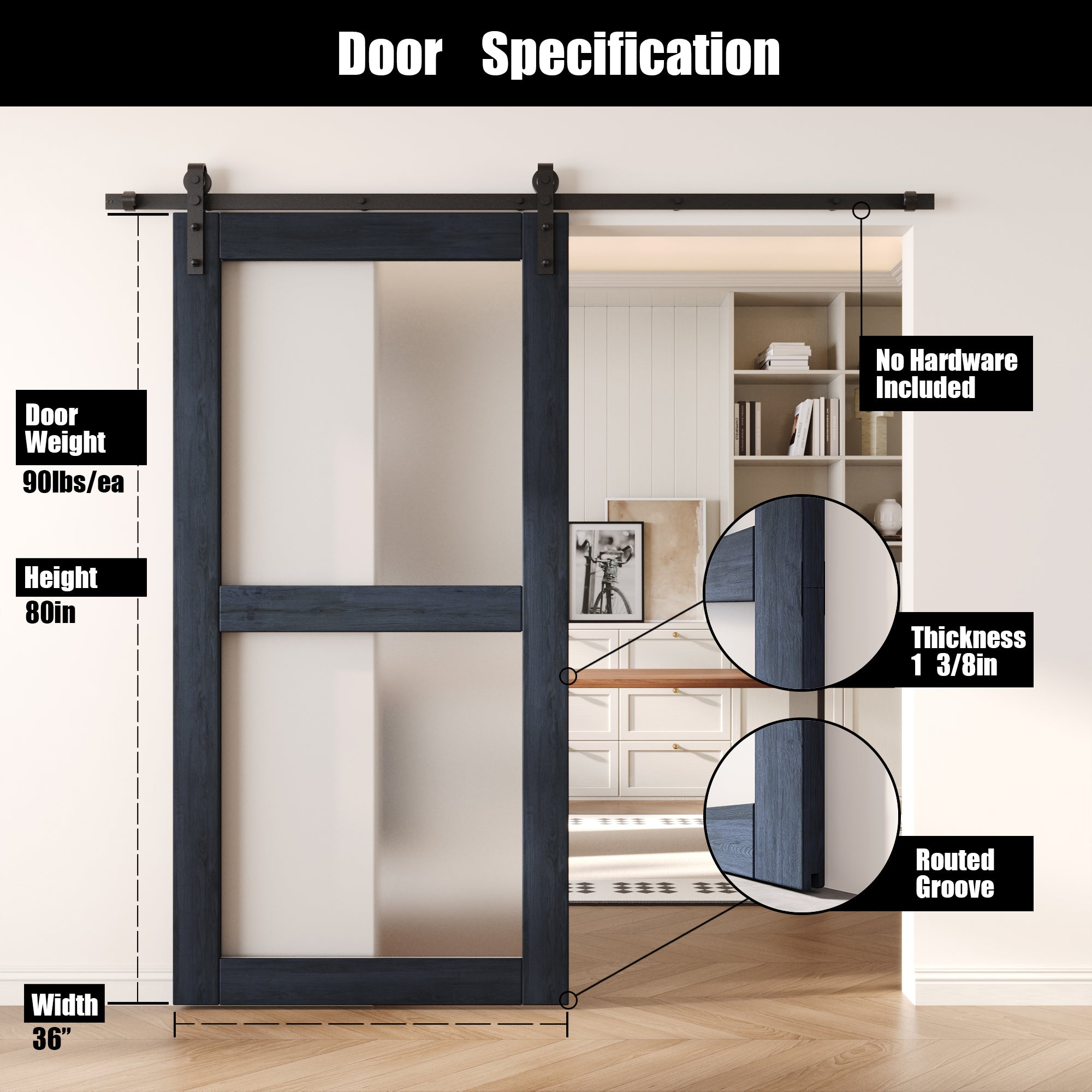 80" Height Navy 2-Lite Frosted Glass Unassembled & Finished Pine Wood Barn Door (Interior Use Only)
