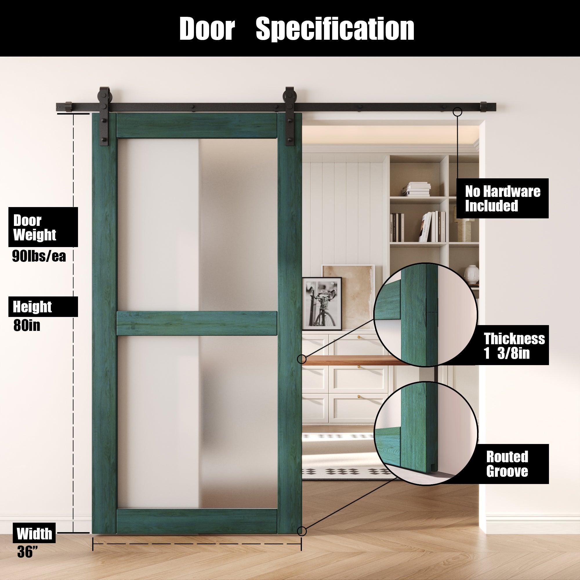 80" Height Royal Pine 2-Lite Frosted Glass Unassembled & Finished Pine Wood Barn Door (Interior Use Only)