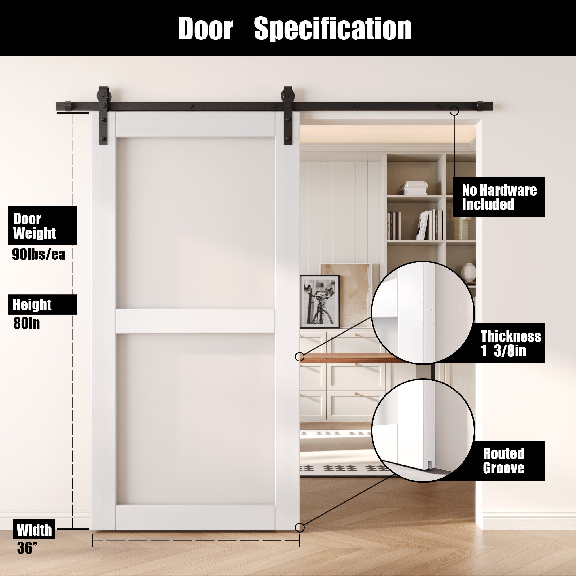 80" Height White 2-Lite Frosted Glass Unassembled & Finished Pine Wood Barn Door (Interior Use Only)