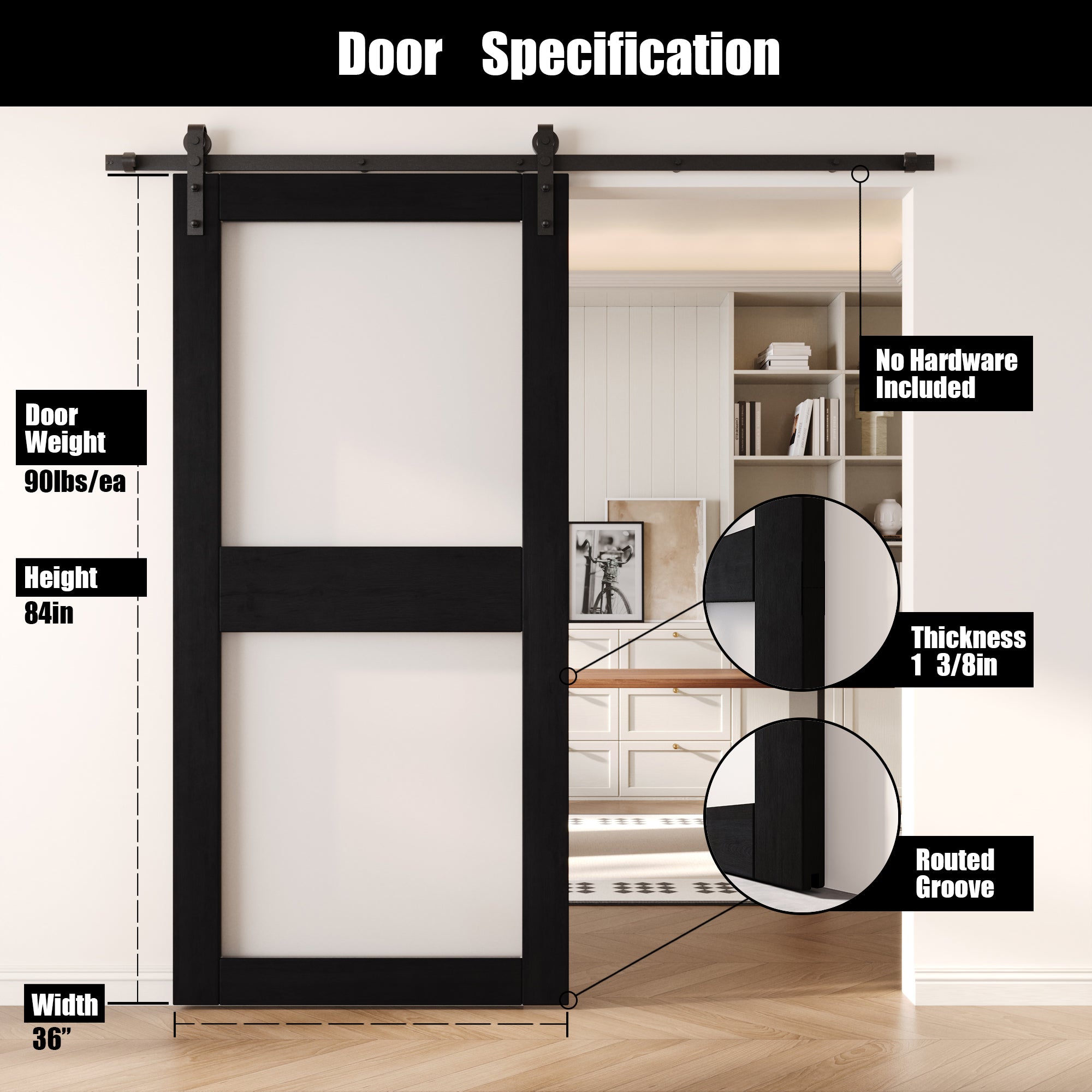 84" Height Black 2-Lite Frosted Glass Unassembled & Finished Pine Wood Barn Door (Interior Use Only)