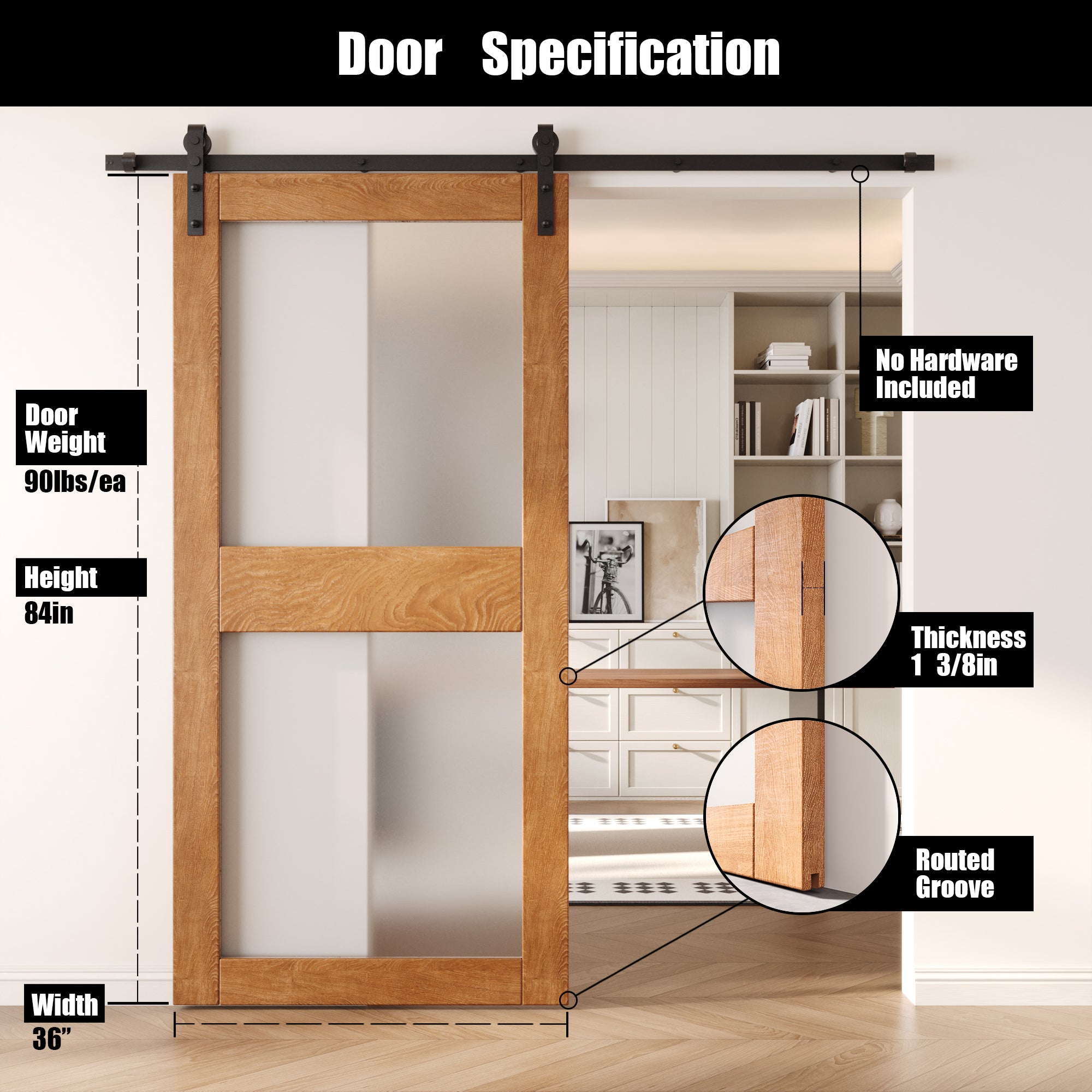 84" Height Early American 2-Lite Frosted Glass Unassembled & Finished Pine Wood Barn Door (Interior Use Only)