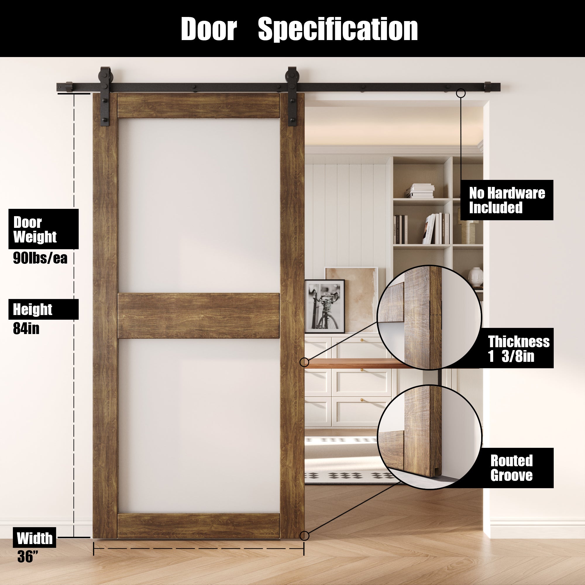 84" Height Dark Walnut 2-Lite Frosted Glass Unassembled & Finished Pine Wood Barn Door (Interior Use Only)