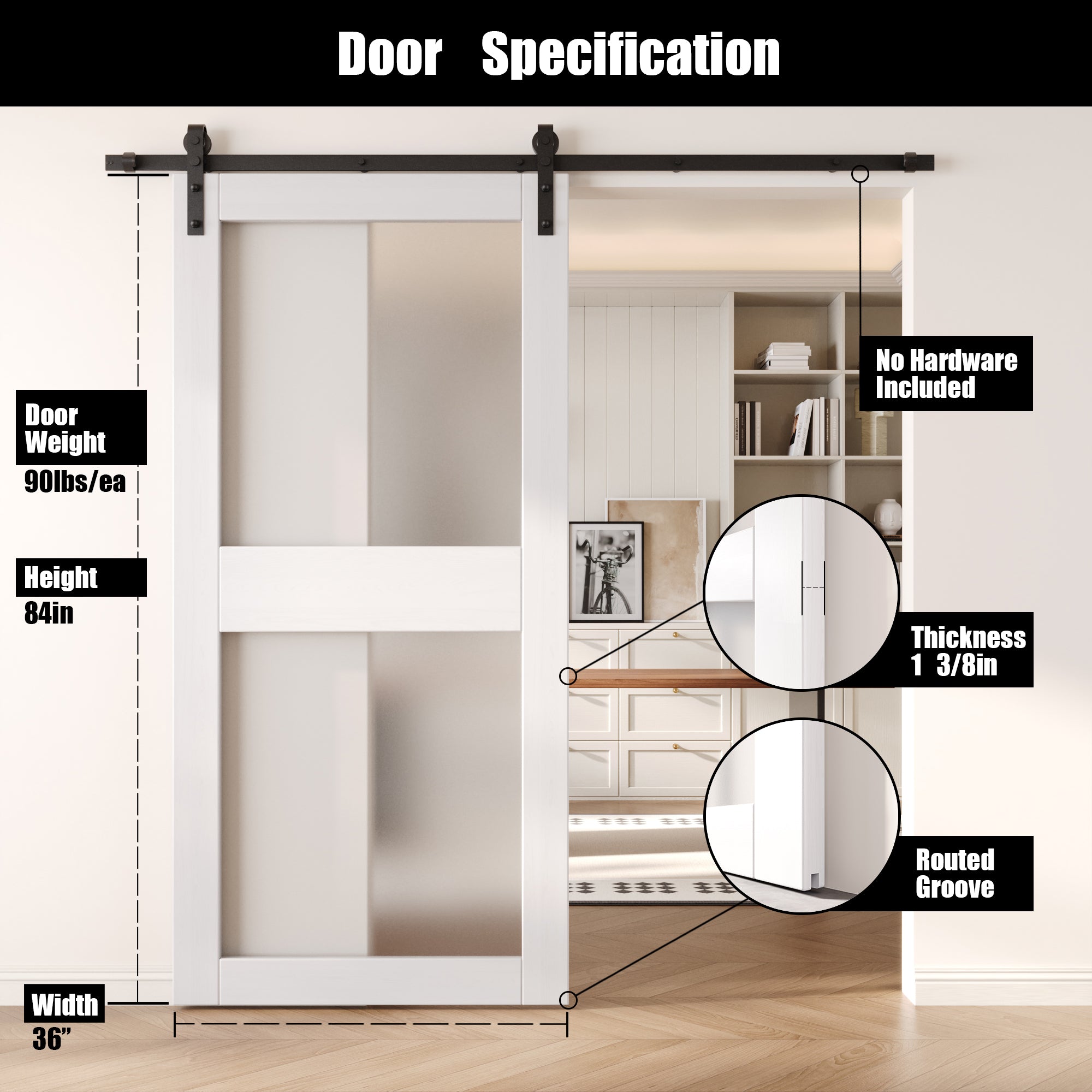 80" Height White 2-Lite Frosted Glass Unassembled & Finished Pine Wood Barn Door (Interior Use Only)