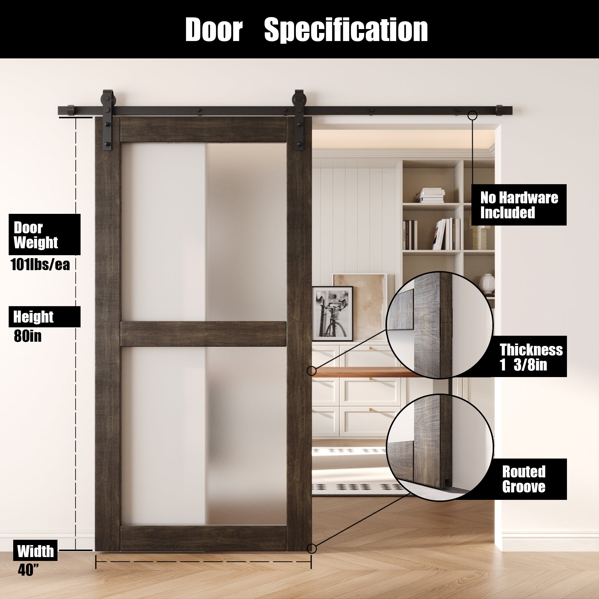 80" Height Ebony 2-Lite Frosted Glass Unassembled & Finished Pine Wood Barn Door (Interior Use Only)