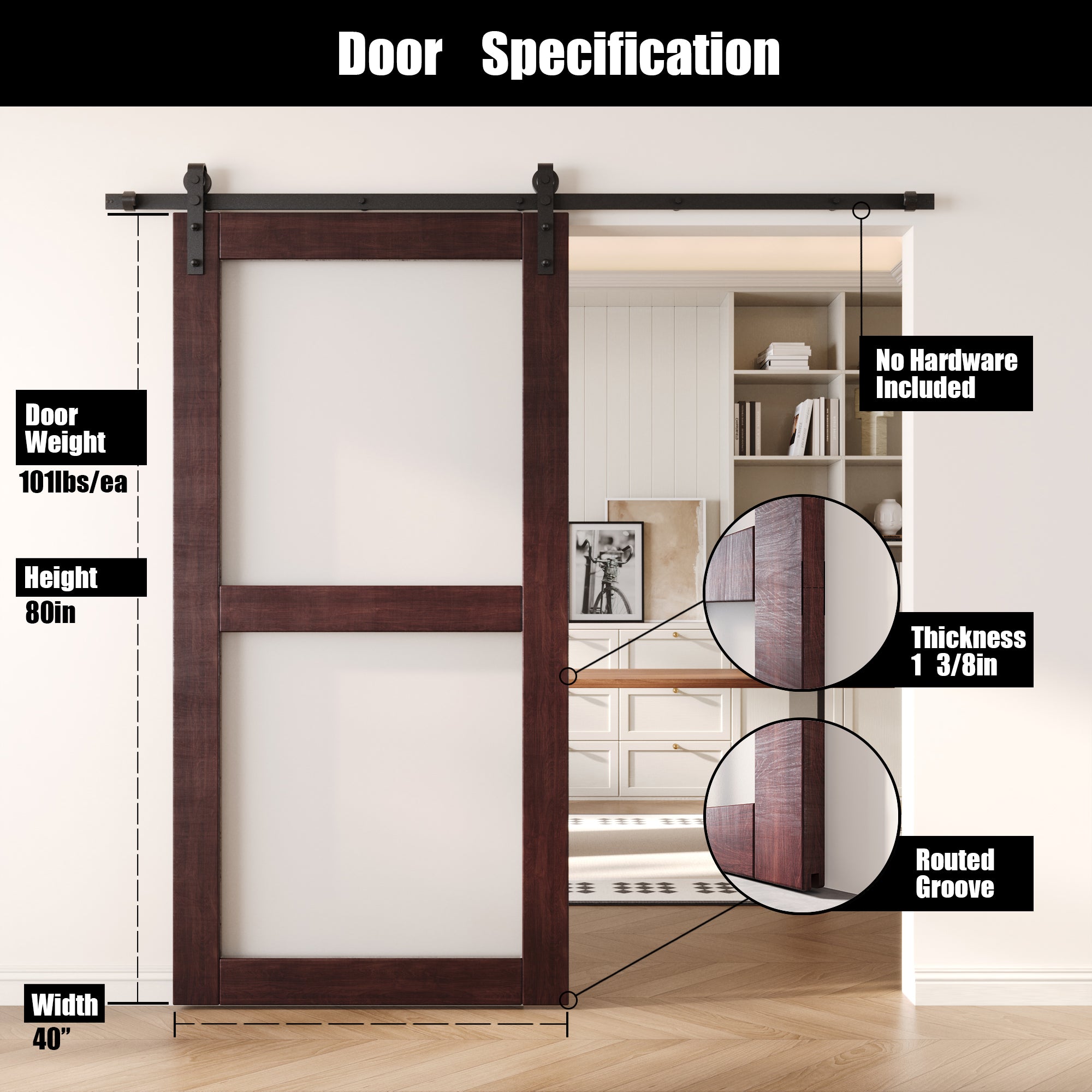 80" Height Red Mahogany 2-Lite Frosted Glass Unassembled & Finished Pine Wood Barn Door (Interior Use Only)