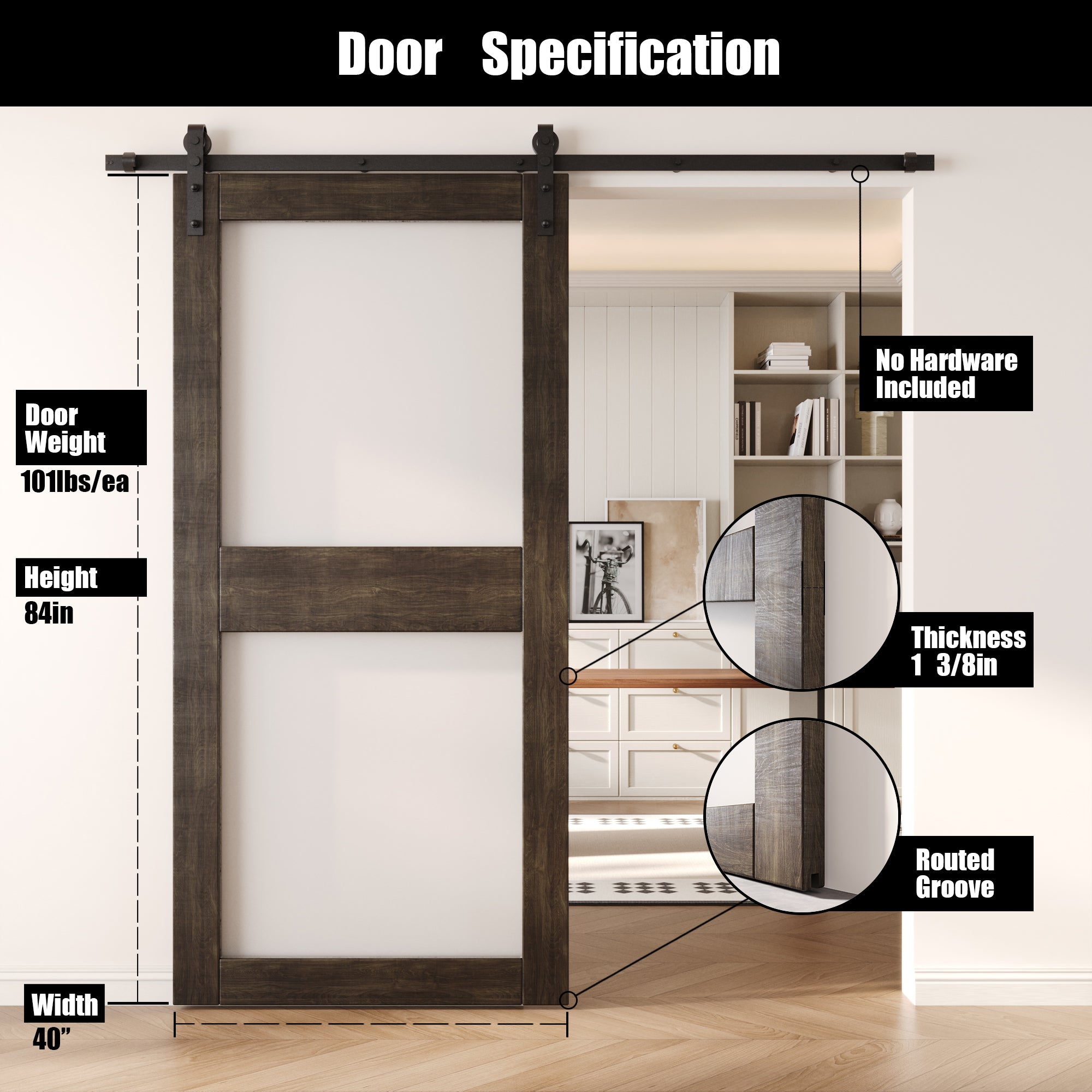 84" Height Ebony 2-Lite Frosted Glass Unassembled & Finished Pine Wood Barn Door (Interior Use Only)