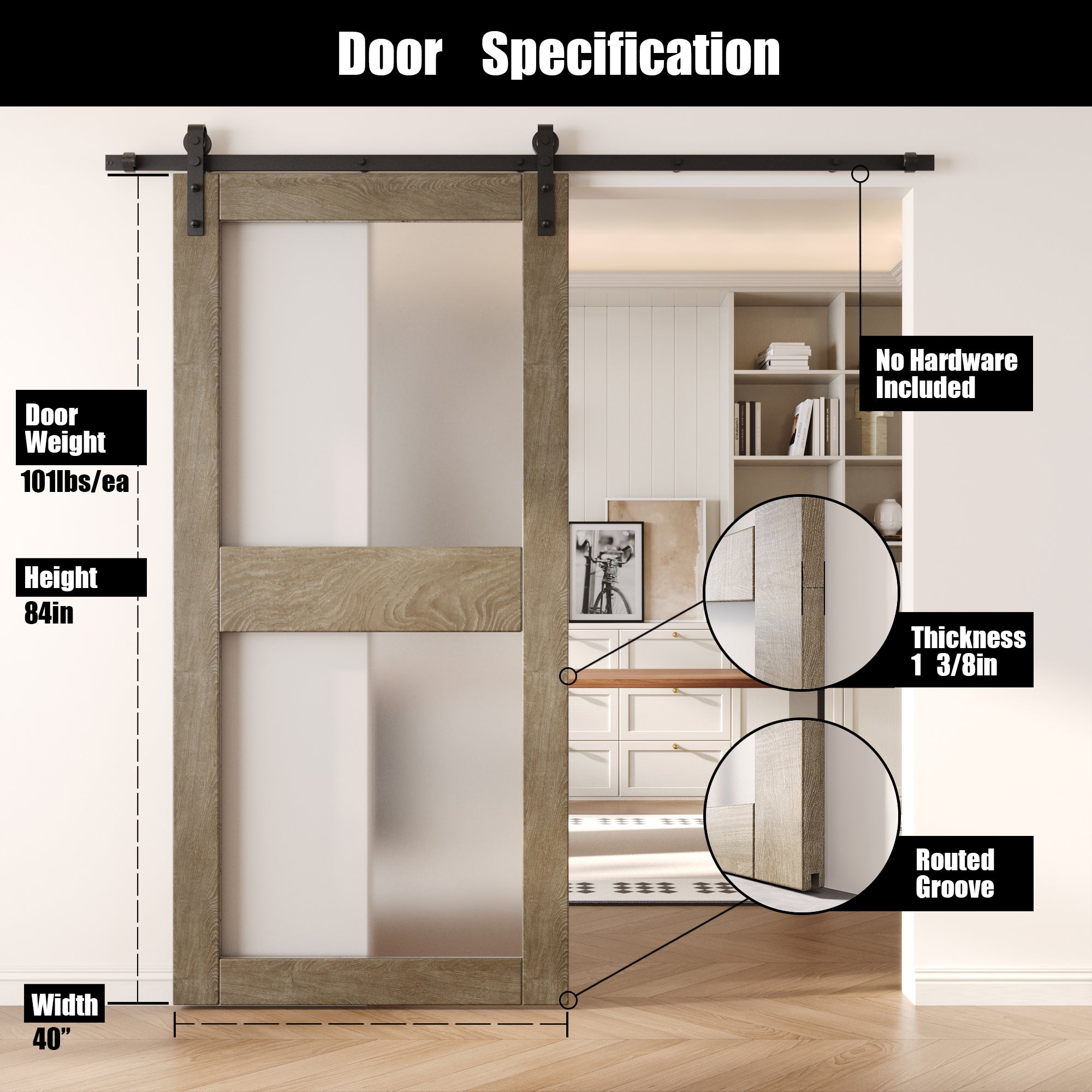 84" Height Classic Gray 2-Lite Frosted Glass Unassembled & Finished Pine Wood Barn Door (Interior Use Only)
