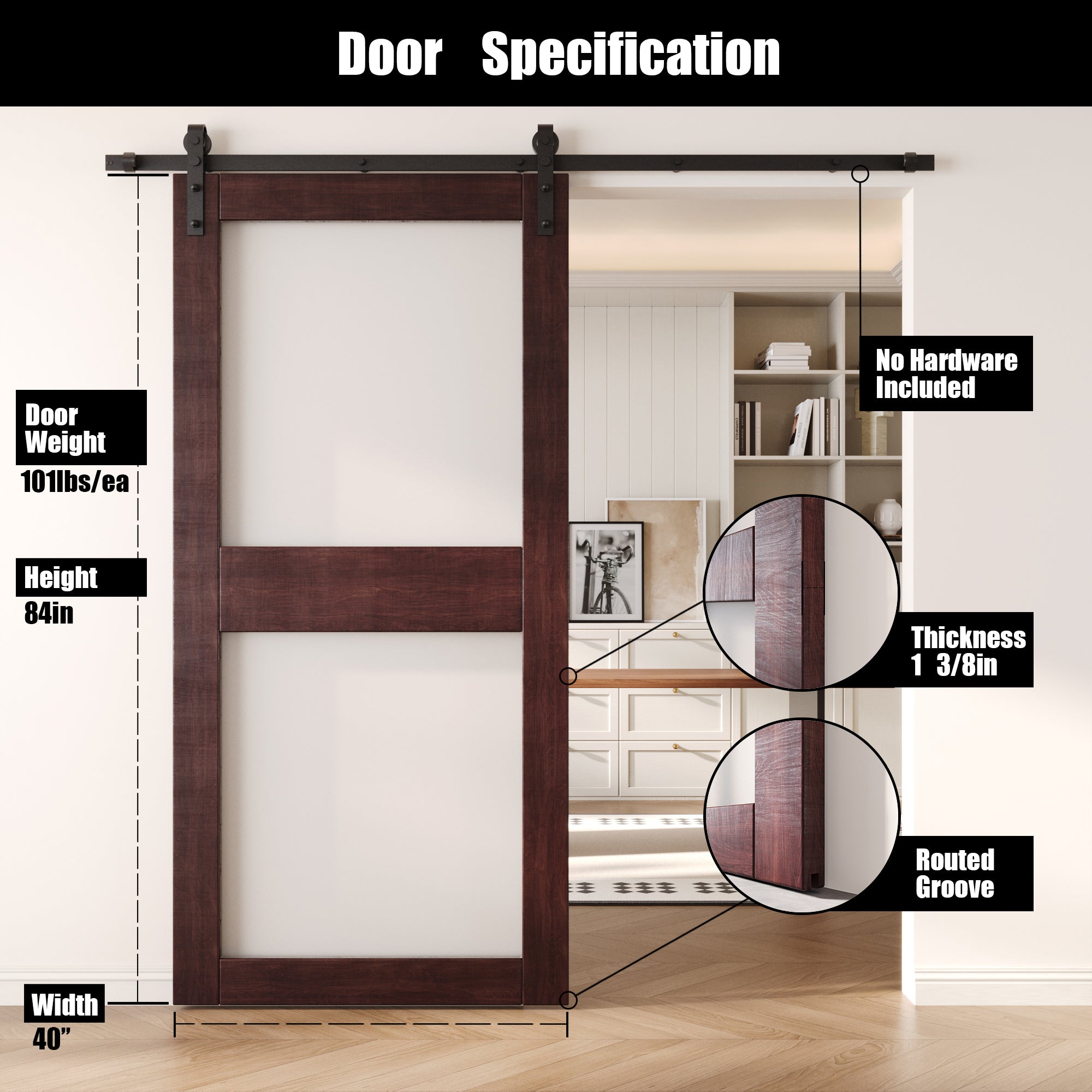 84" Height Red Mahogany 2-Lite Frosted Glass Unassembled & Finished Pine Wood Barn Door (Interior Use Only)
