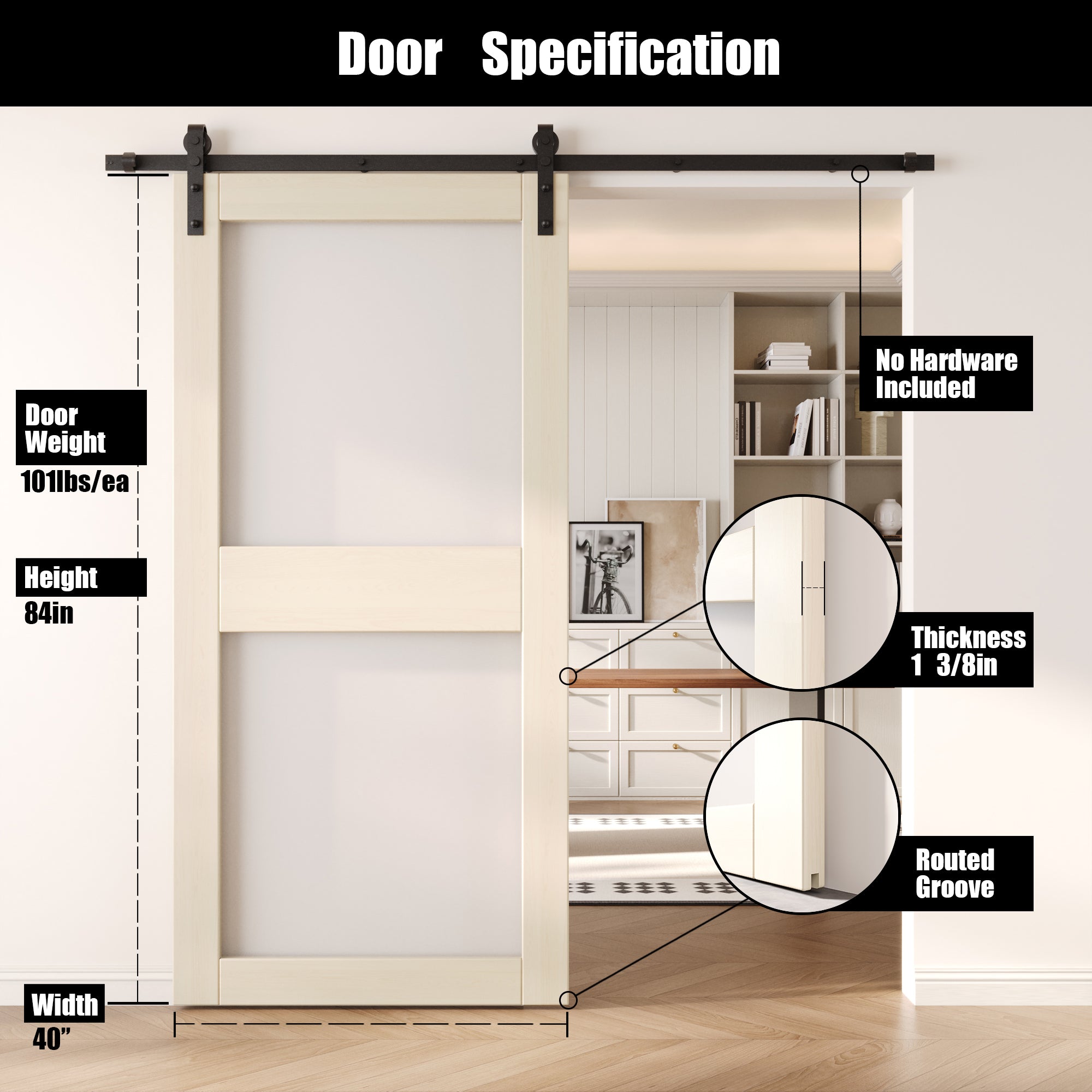 84" Height Tinsmith Gray 2-Lite Frosted Glass Unassembled & Finished Pine Wood Barn Door (Interior Use Only)