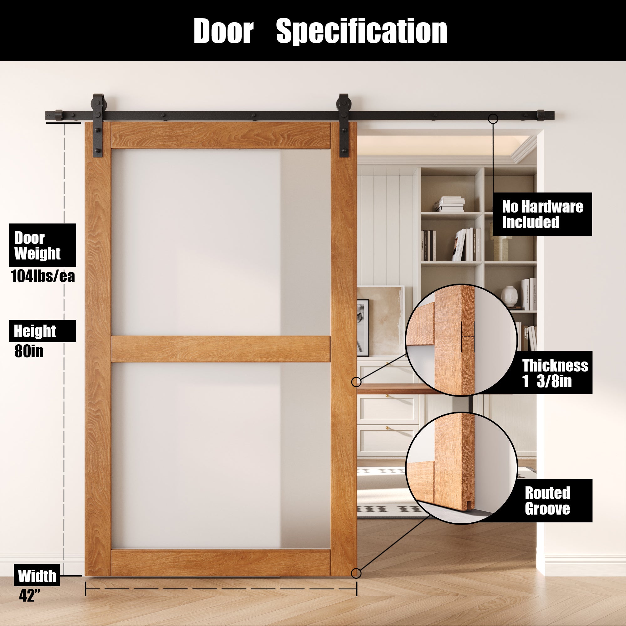 80" Height Early American 2-Lite Frosted Glass Unassembled & Finished Pine Wood Barn Door (Interior Use Only)
