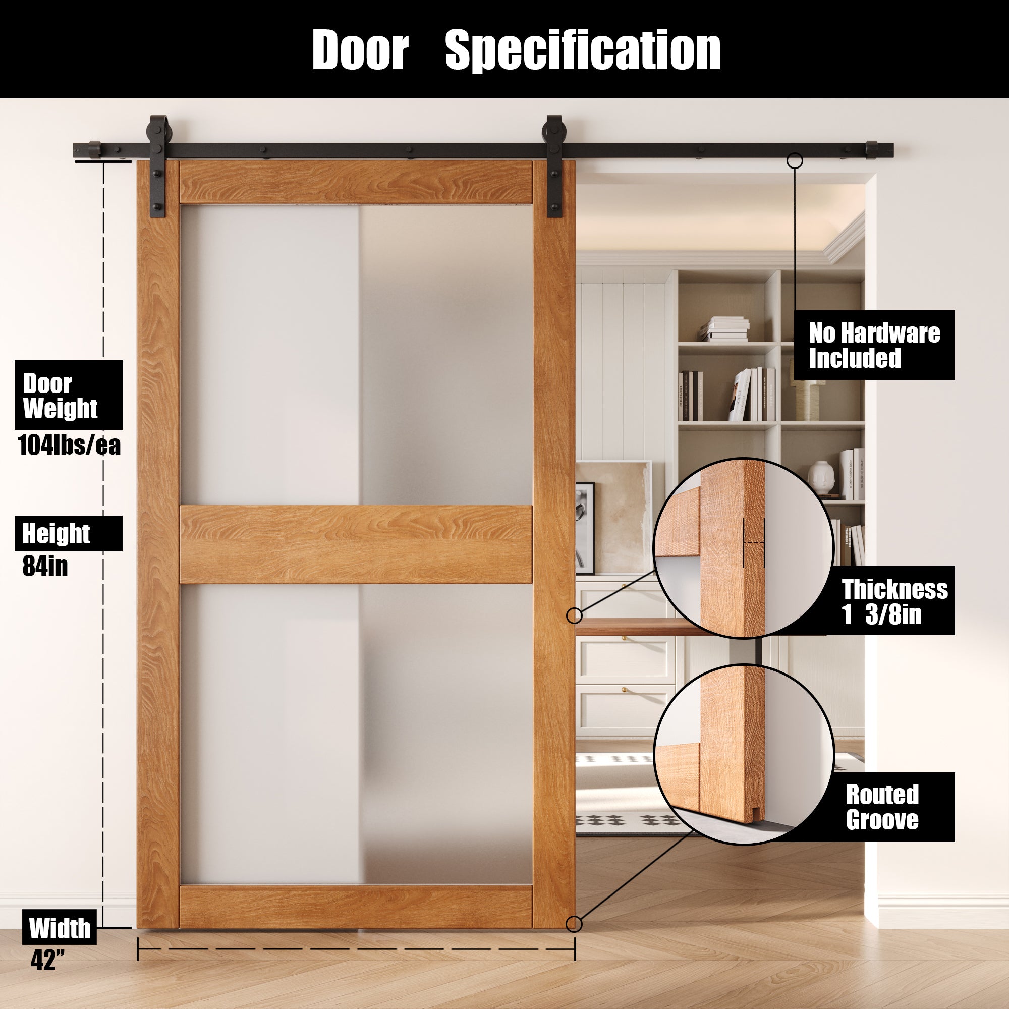84" Height Early American 2-Lite Frosted Glass Unassembled & Finished Pine Wood Barn Door (Interior Use Only)