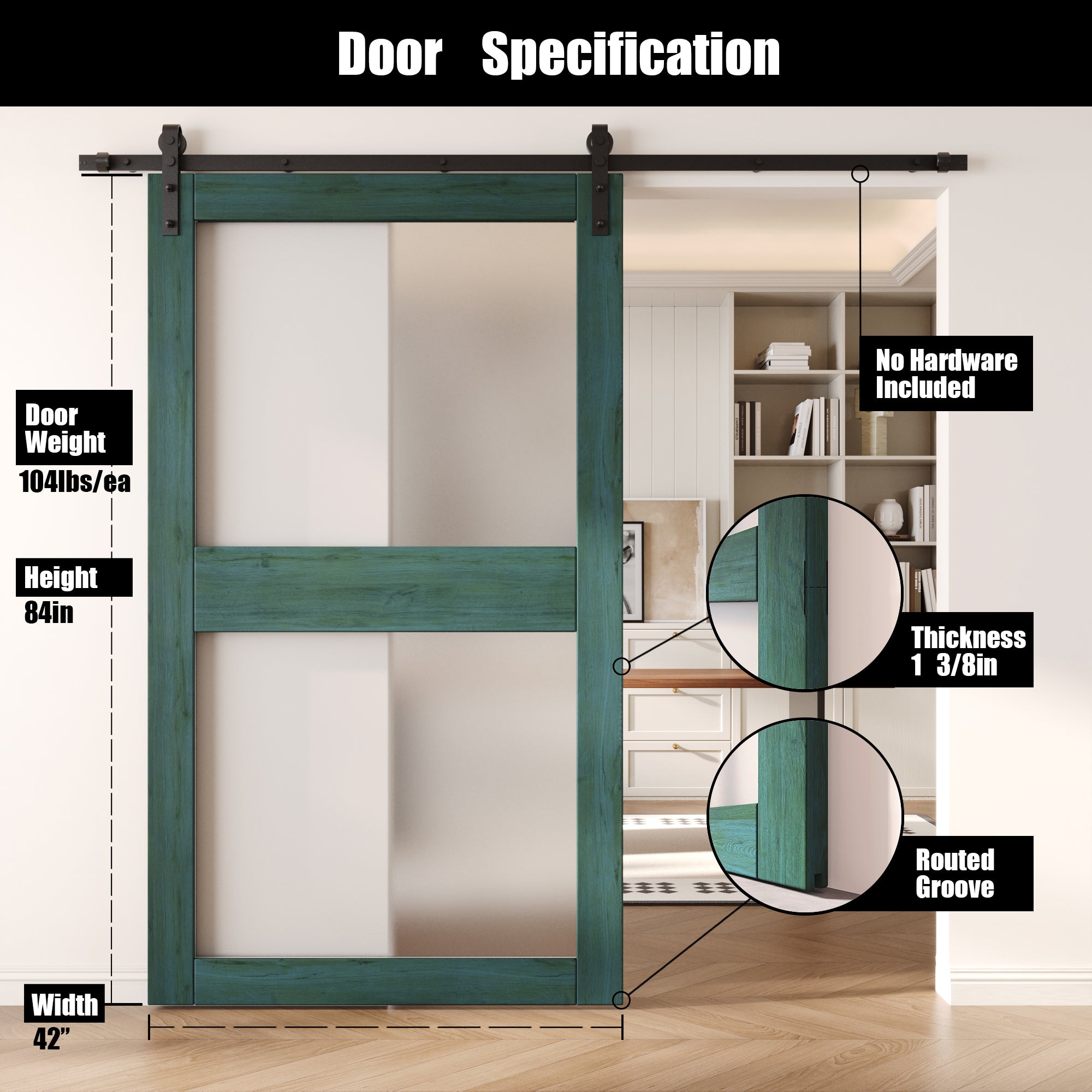 84" Height Royal Pine 2-Lite Frosted Glass Unassembled & Finished Pine Wood Barn Door (Interior Use Only)