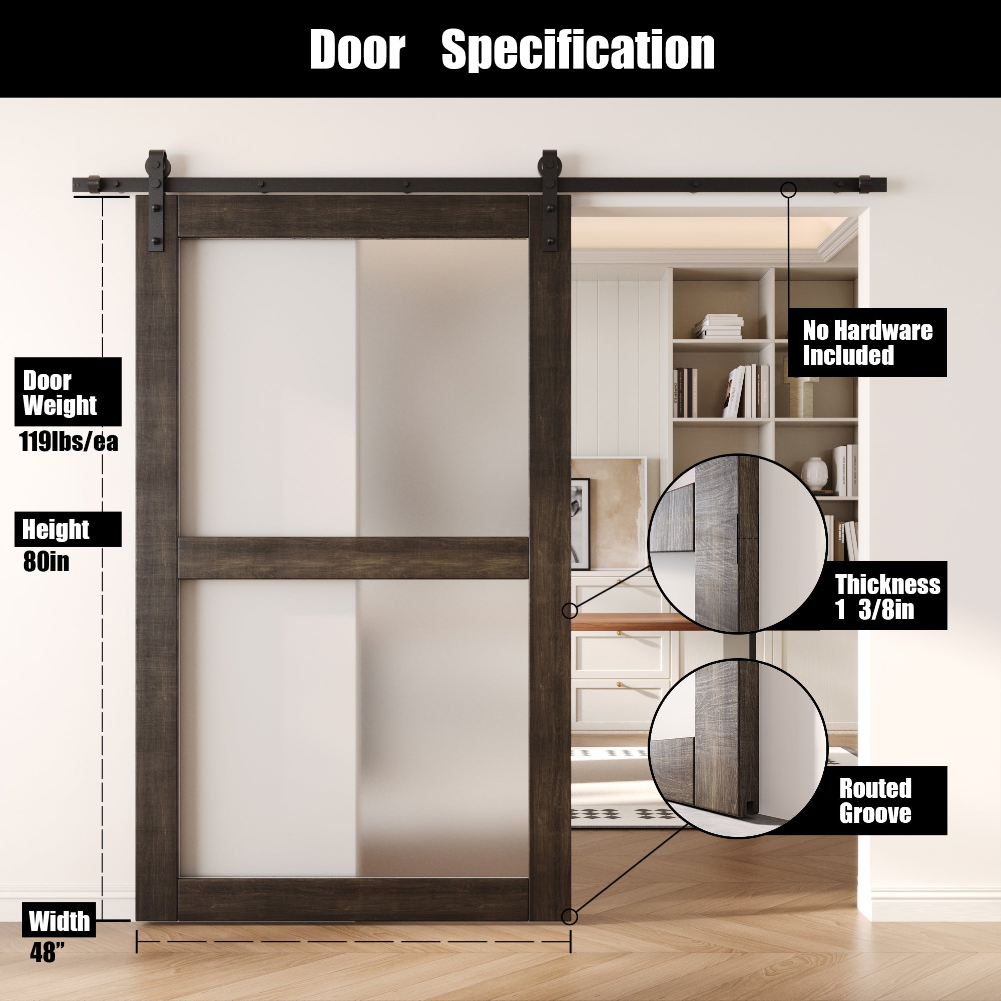 80" Height Ebony 2-Lite Frosted Glass Unassembled & Finished Pine Wood Barn Door (Interior Use Only)